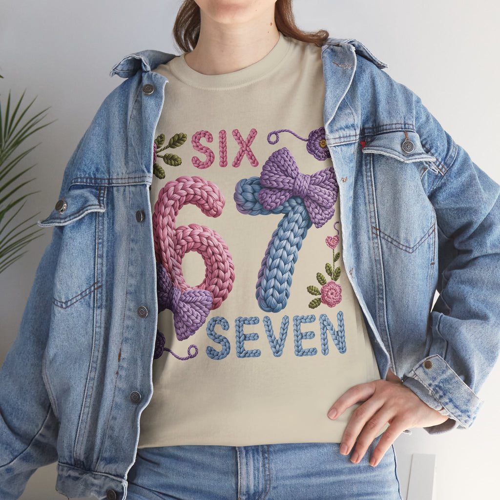 Pastel Crochet Numbers 6 & 7 Tee — Faux-Yarn Bows & Flowers. Unisex Cotton Tee