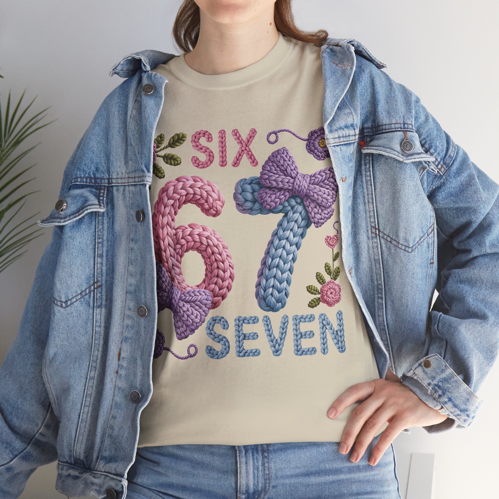 Pastel Crochet Numbers 6 & 7 Tee — Faux-Yarn Bows & Flowers. Unisex Cotton Tee
