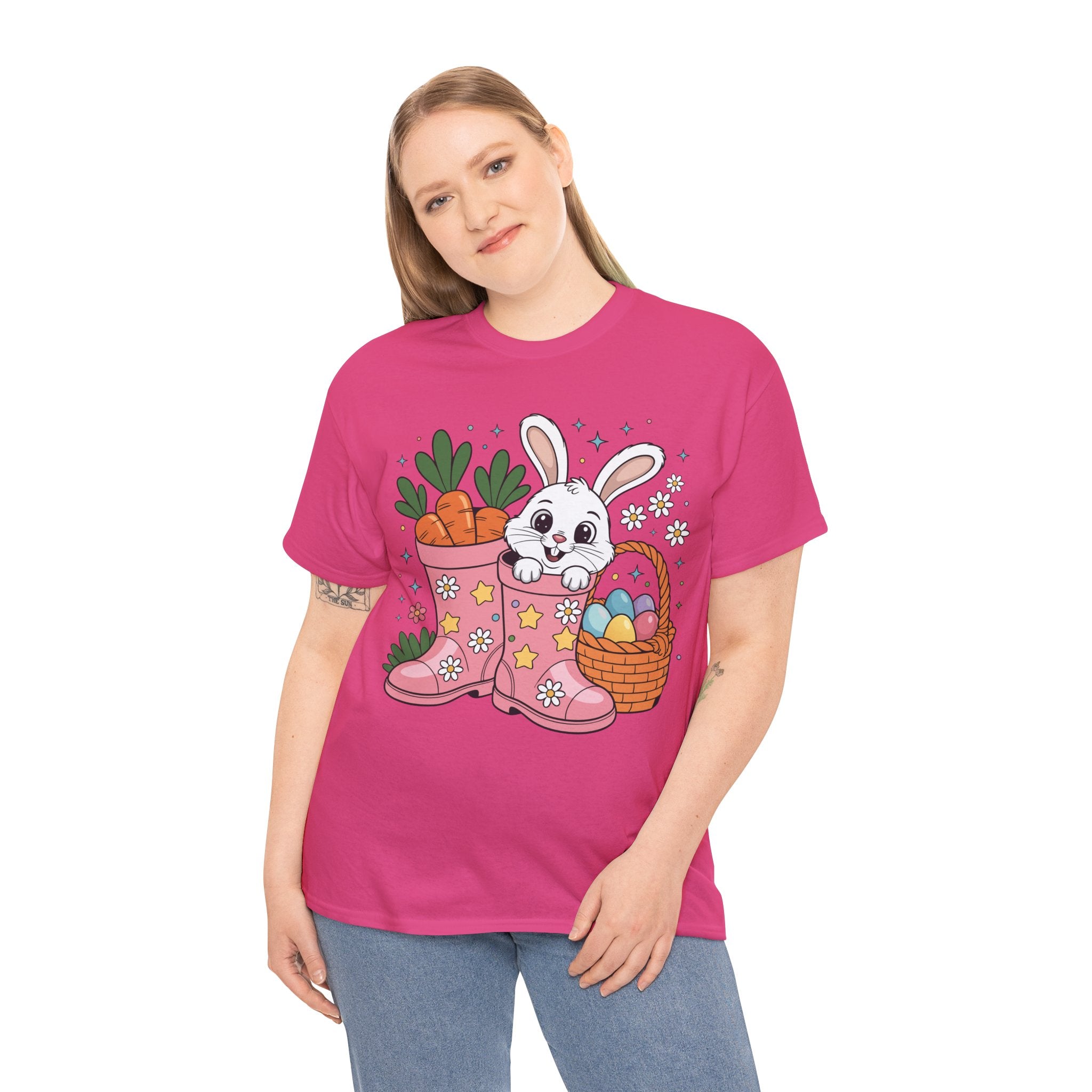 Easter Bunny in Pink Rain Boots T-Shirt — Cartoon Bunny, Carrots & Colorful Eggs Unisex Cotton Tee