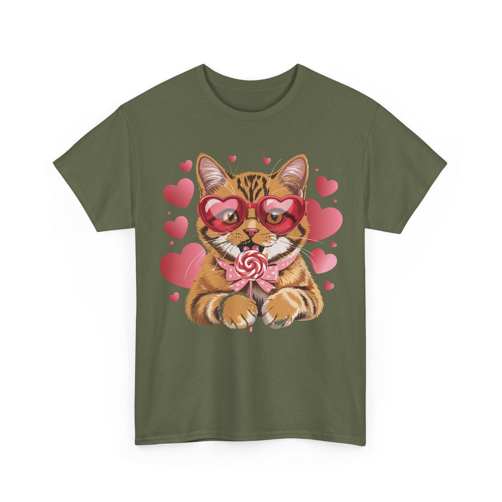 Valentine Cat Tee — Heart Glasses, Lollipop Bow Unisex Cotton Tee