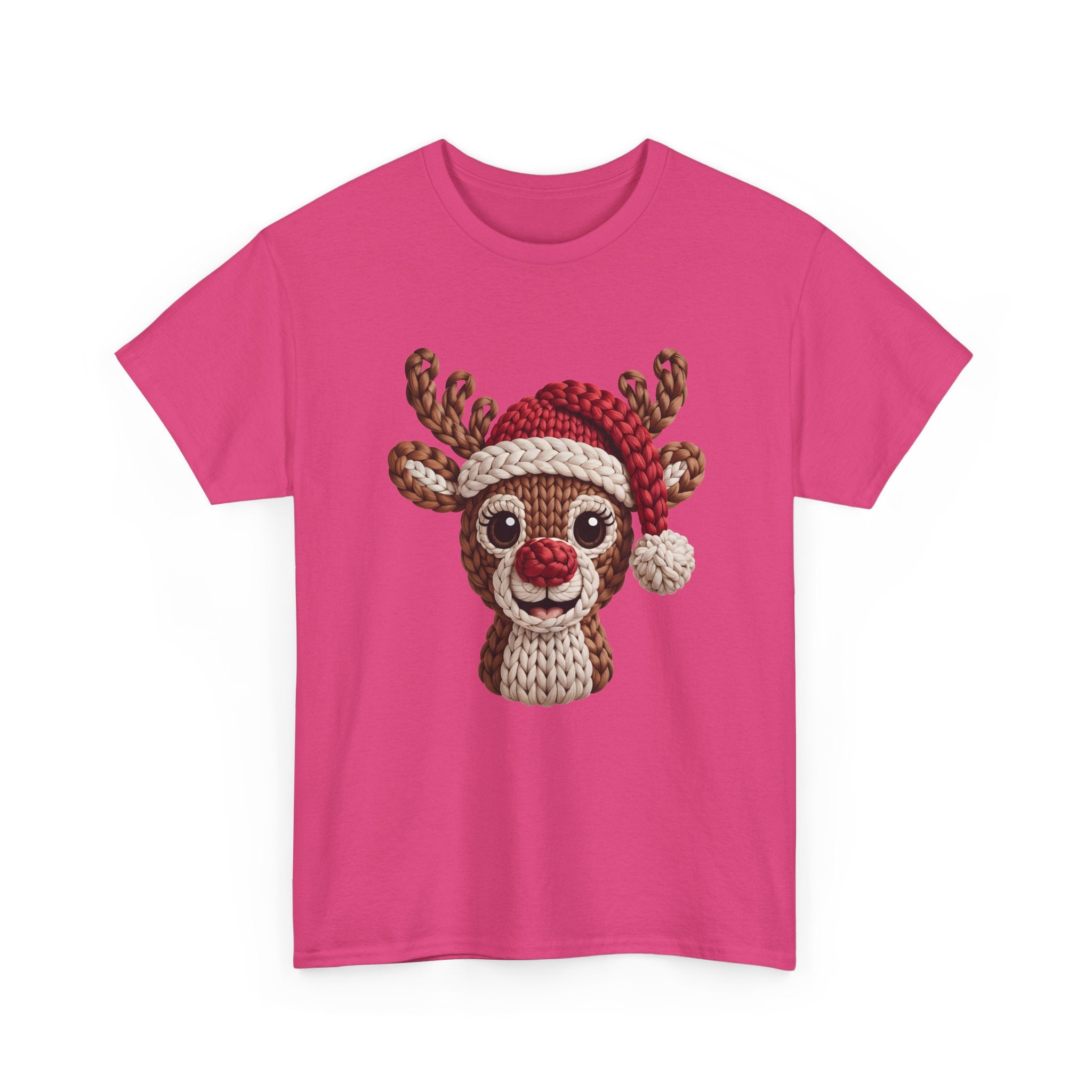 Reindeer in Santa Hat Cotton Tee — Joyful Faux-Yarn Holiday Unisex Coton T-Shirt