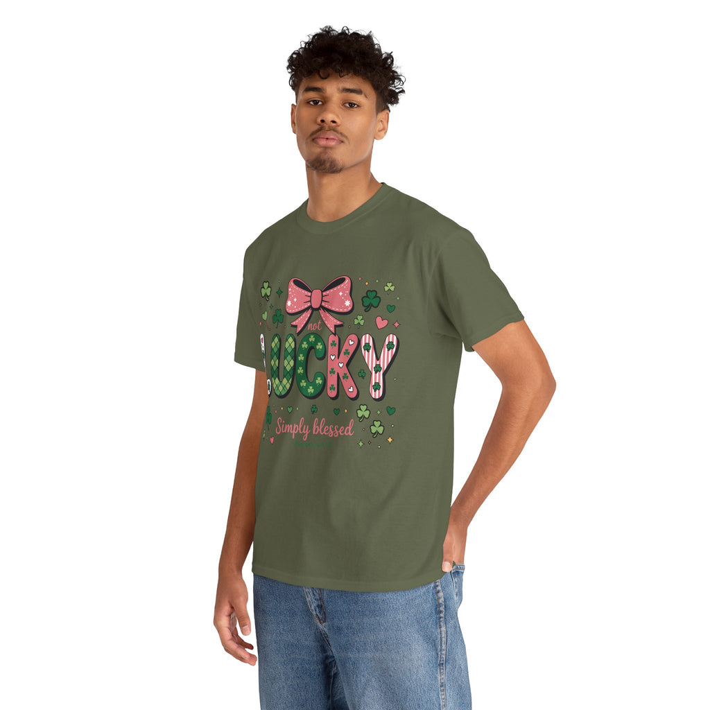 Simply Blessed Tee — “Not Lucky, Simply Blessed” with Pastel Bow, Clovers & Romans 4:7-8 Unisex Cotton Tee