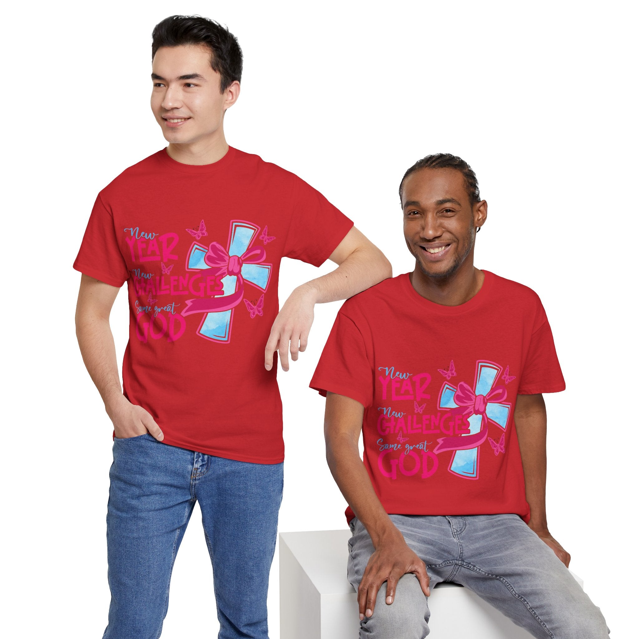 Christian T-Shirt — “New Year, New Challenges, Same Great God” with Pink Bow Cross & Butterflies. Unisex Cotton Tee