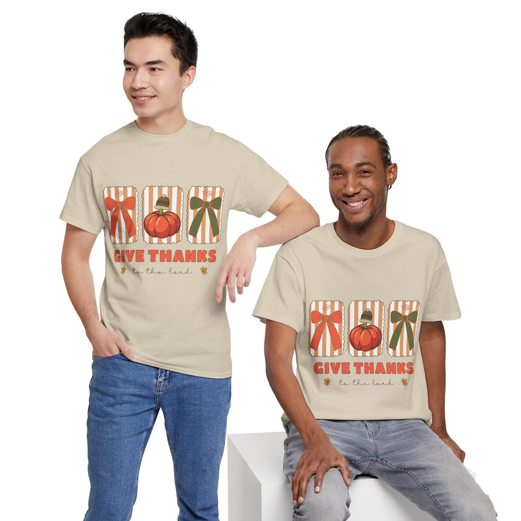 Give Thanks Thanksgiving T-Shirt — Pumpkin with Hat & Bows Unisex Cotton Tee