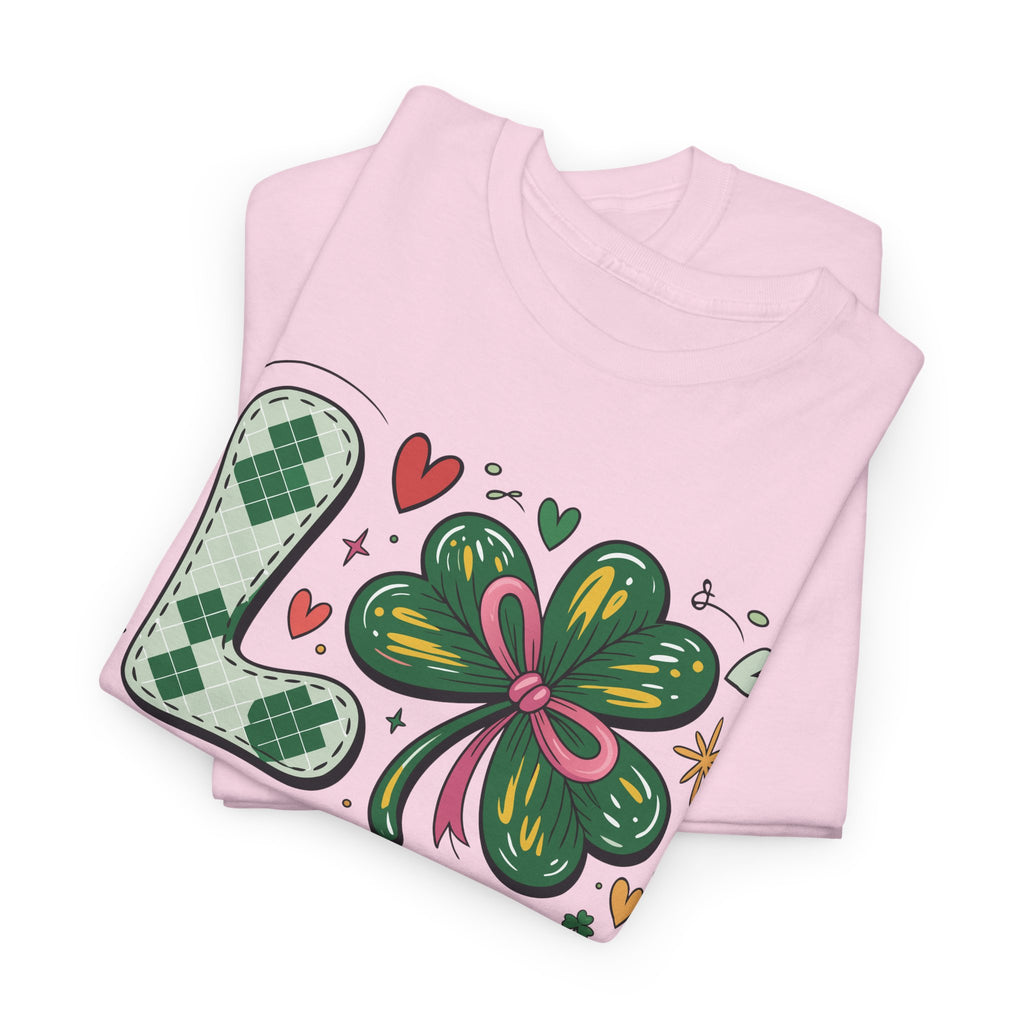 Stitched Clover 'LOVE' Tee — Heart & Patchwork St. Patrick's Unisex Cotton T-Shirt