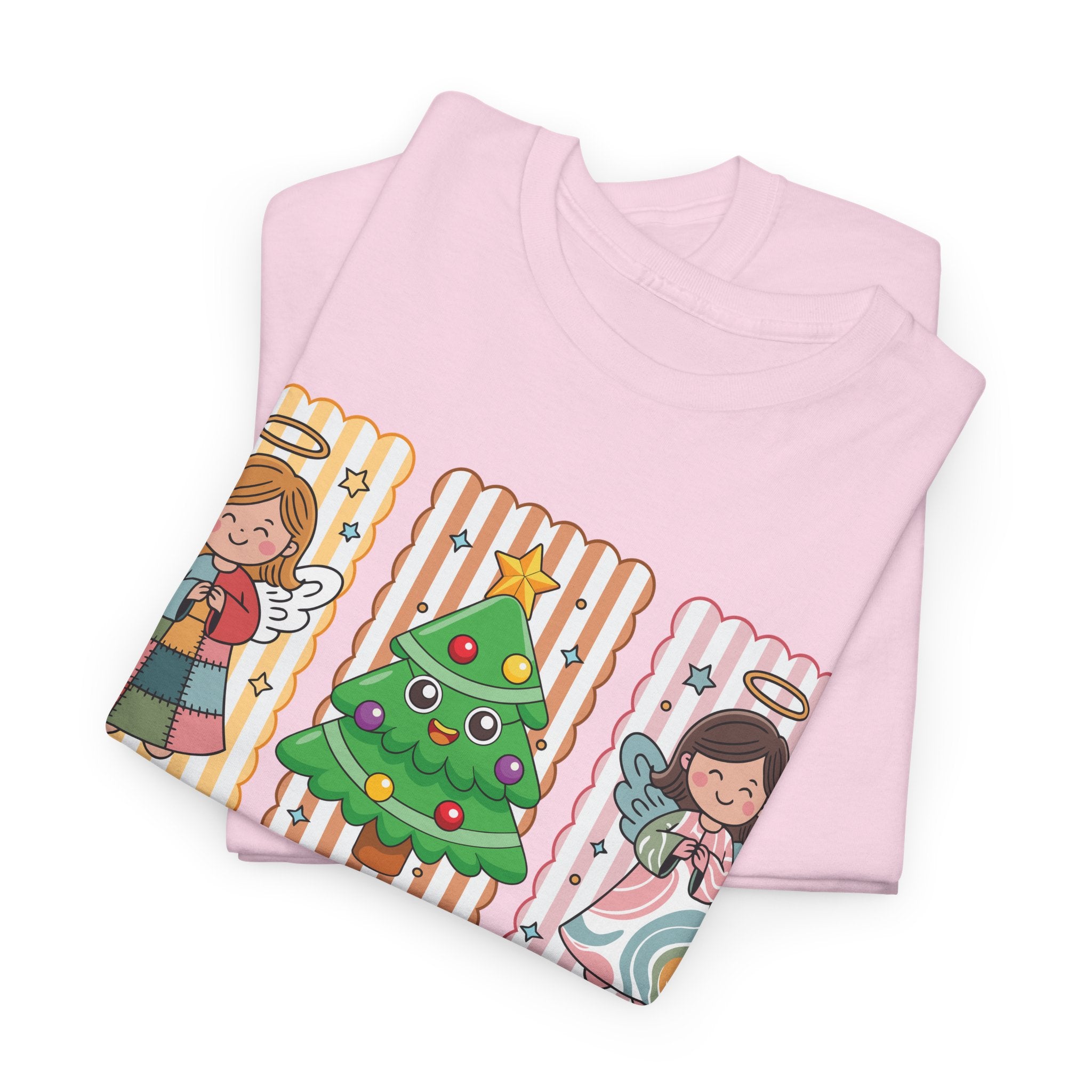 O Come Let Us Adore Him Christmas Tee — Smiling Angels & Happy Tree..Unisex Cotton Tee