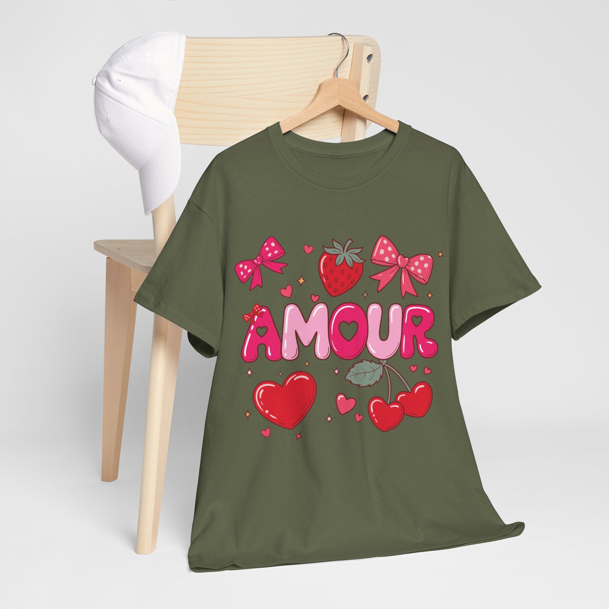 Amour Pink Hearts Tee — Shiny Lettering with Bows, Cherries & Strawberry Accent...Unisex Cotton Tee