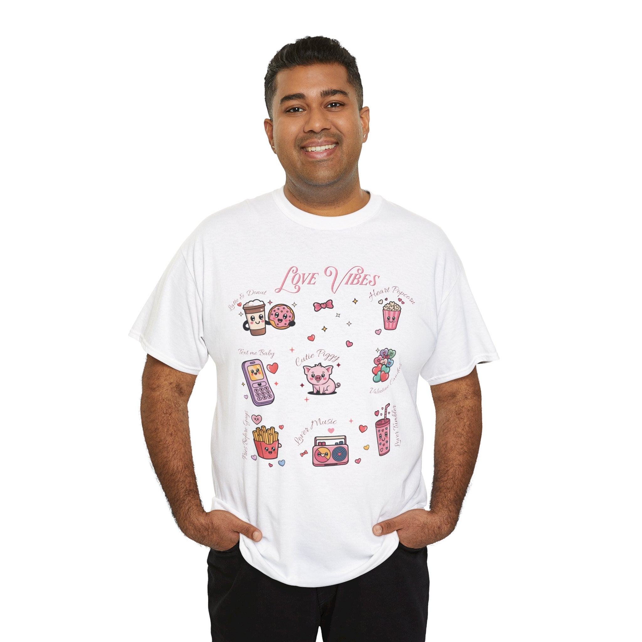 Love Vibes Kawaii Valentine T-Shirt — Cute Donut, Coffee & Piglet Design Unisex Cotton Tee