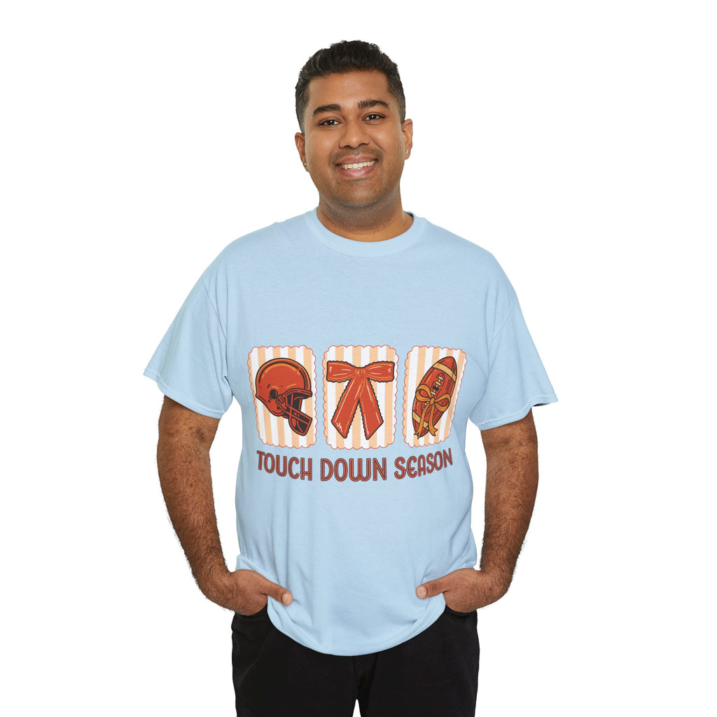 Touch Down Season Football Tee — Striped Fall Helmet & Bow Design Unisex Cotton Tee