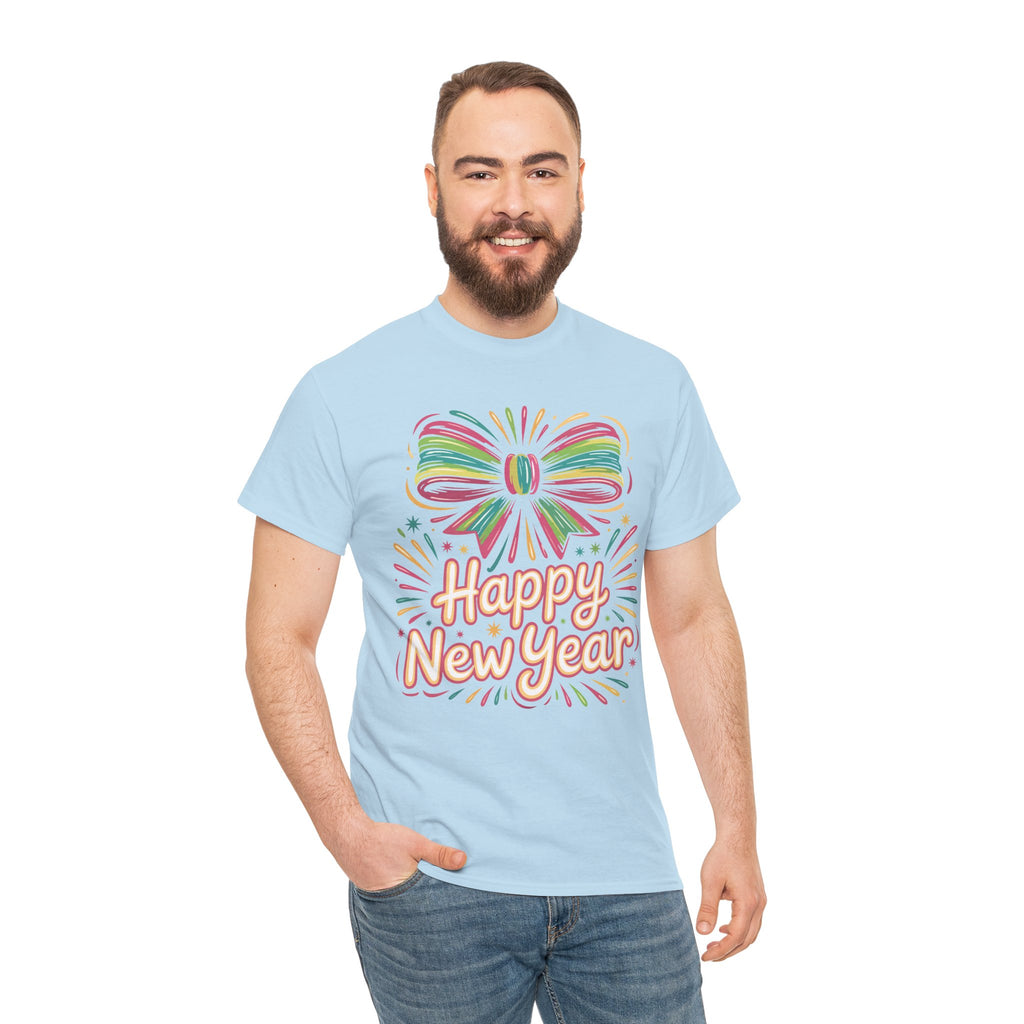 Happy New Year Pastel Tee — Rainbow Bow & Fireworks Celebration Unisex Cotton Tshirt