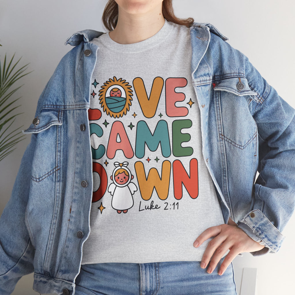 Love Came Down Christmas Tee — Baby Jesus Manger Angel (Luke 2:11)..Unisex Cotton Tee