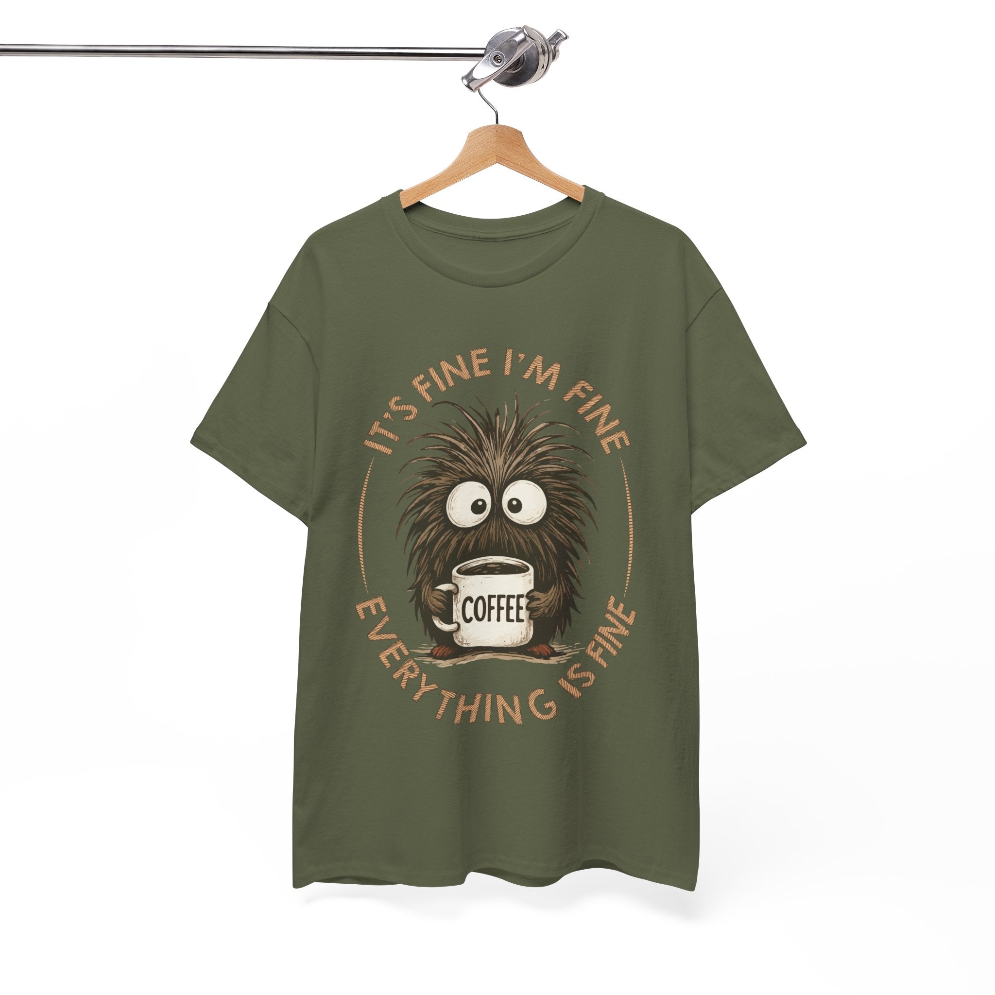 Funny Coffee Tee — “It’s fine I’m fine everything is fine” Fuzzy Creature Mug Unisex Cotton Tee
