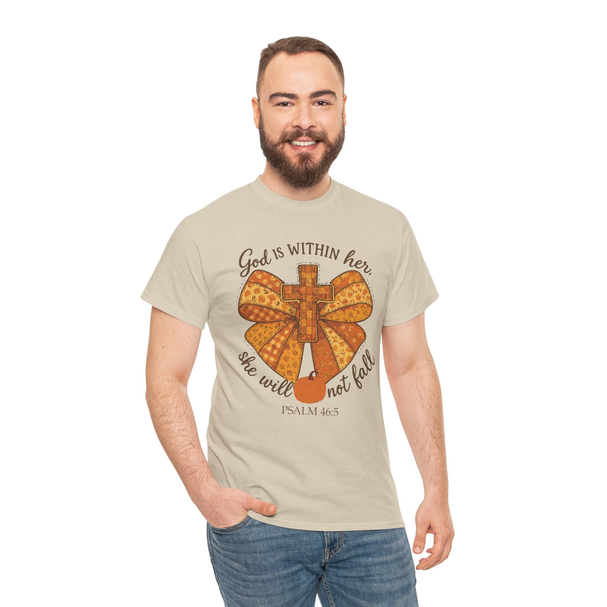 Psalm 46:5 Cross Patchwork Tee — Fall Bow Christian Unisex Cotton T-Shirt
