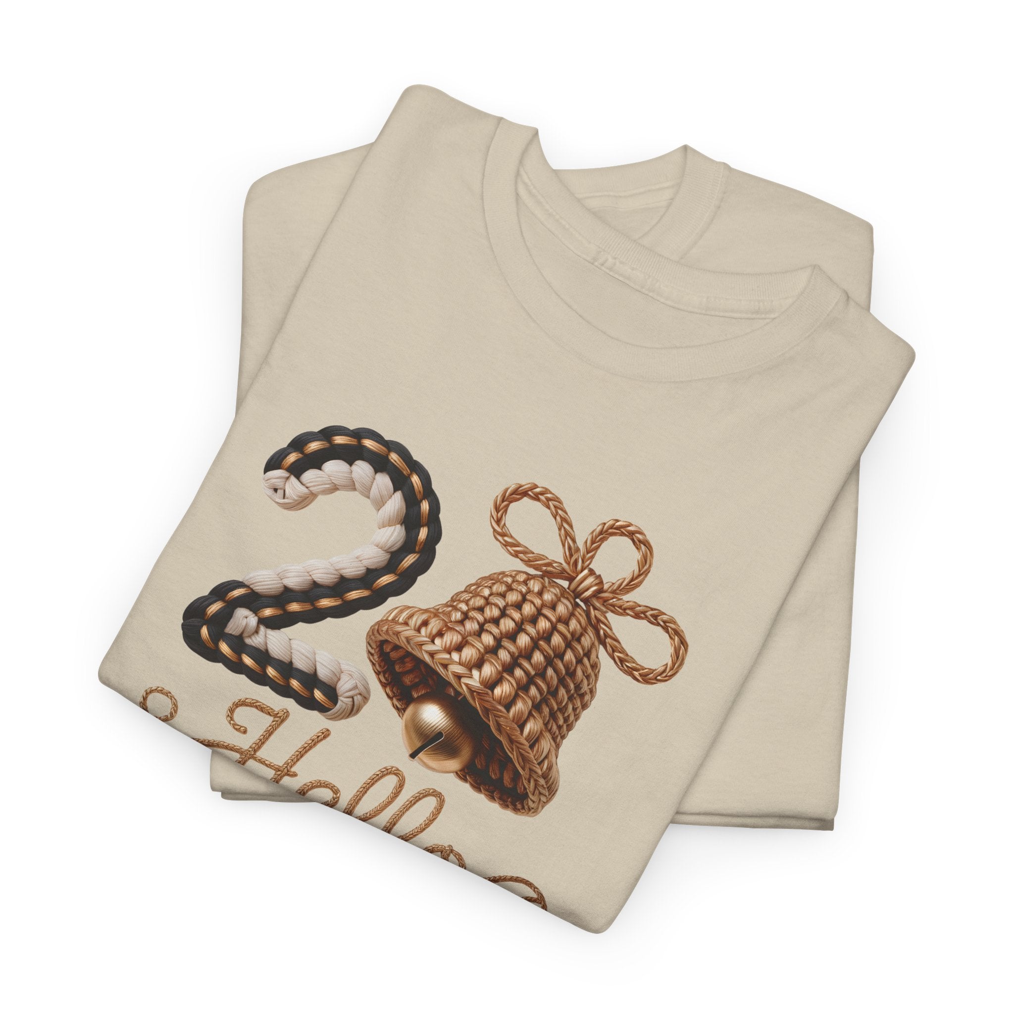 Hello 2026 Tee — Cozy Faux Yarn Braided Numbers with Woven Golden Bell..Unisex Cotton Tee