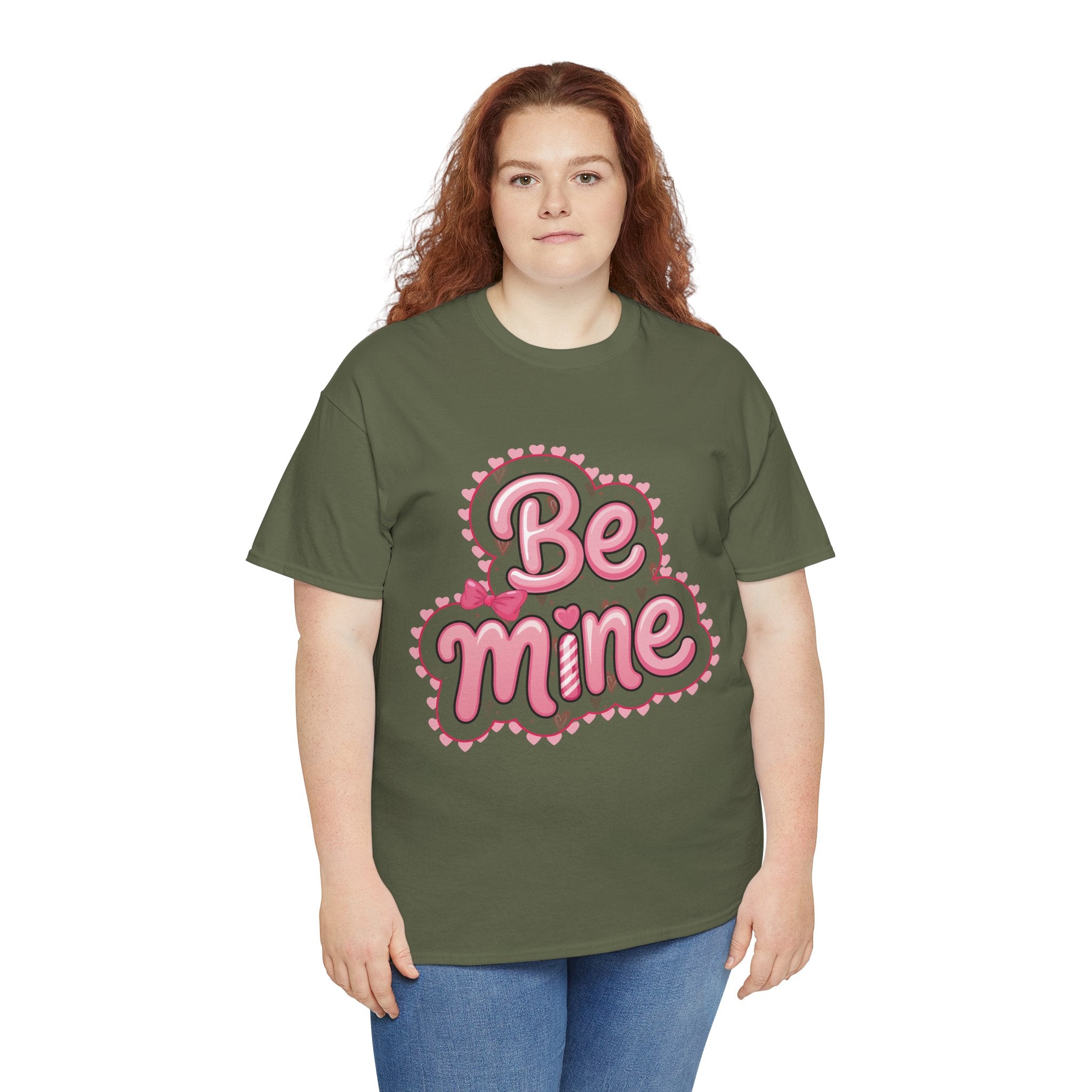 Be Mine Valentine T-Shirt — Pink Bubble Letters with Hearts & Bow..Unisex Cotton Tee