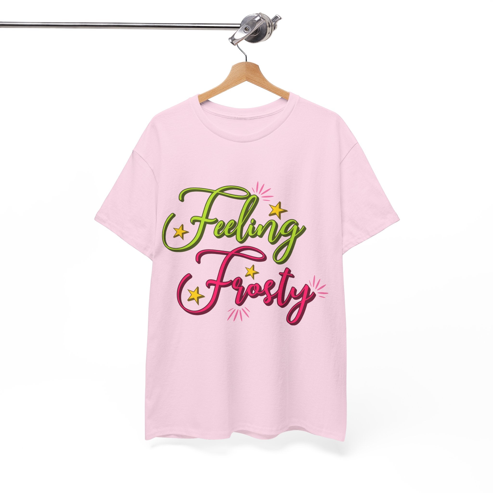 Feeling Frosty Holiday T-Shirt — Green & Pink Script Stars.Unisex Cotton Tee