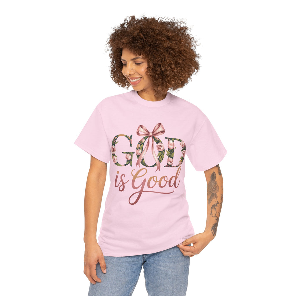 God Is Good Pink Rose Tee — Floral Ribbon Faith Unisex Cotton T-Shirt