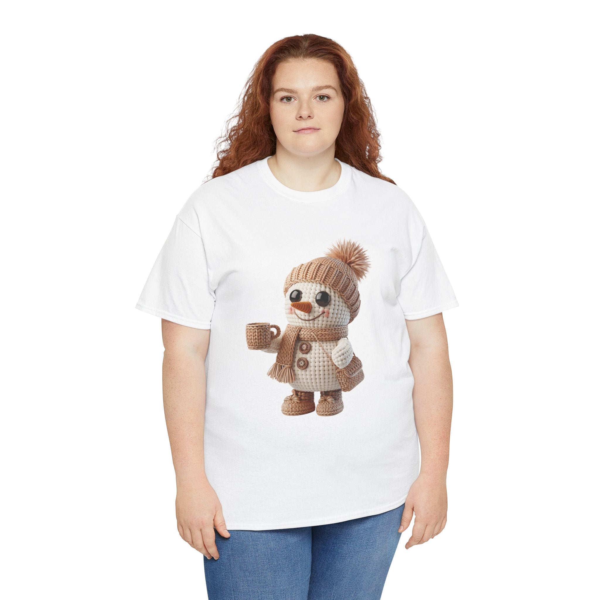 Cozy Snowman Tee — Smiling Snowman with Mug, Scarf & Beanie. Unisex Cotton Tee