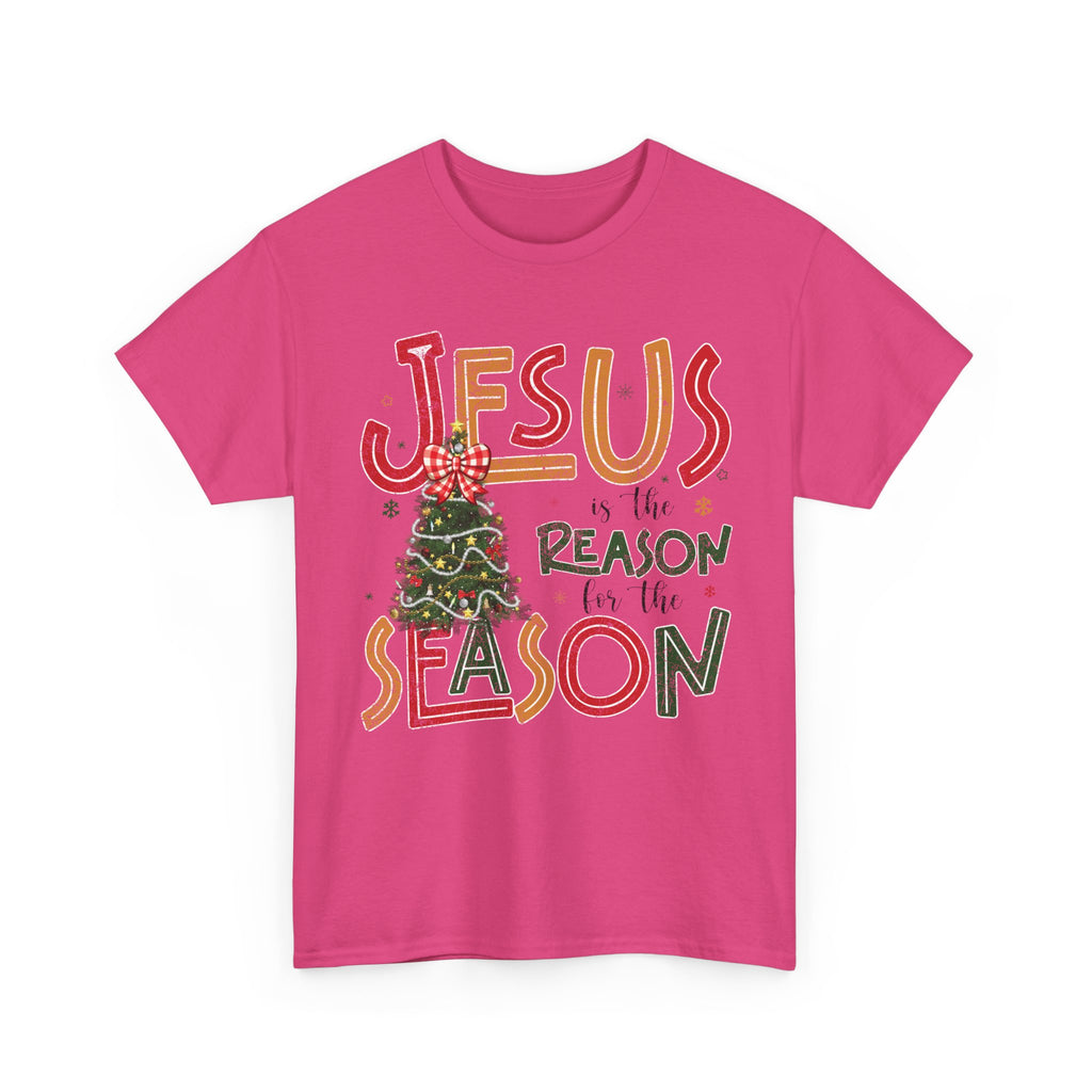 Jesus Is the Reason for the Season Christmas T-Shirt — Plaid Bow Tree..Unisex Cotton Tee