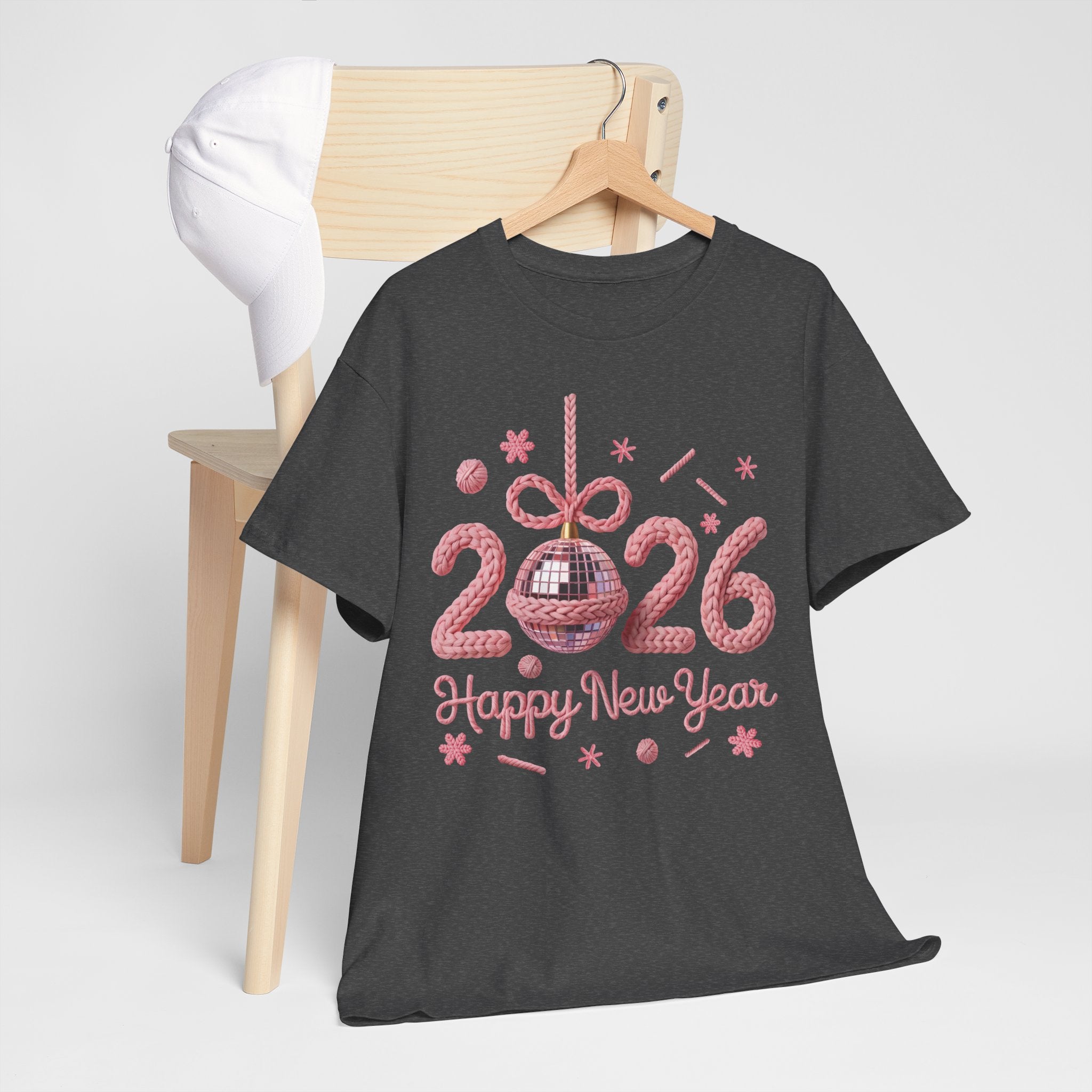 2026 Happy New Year Pink Knitted Disco Ball Unisex Cotton Tee