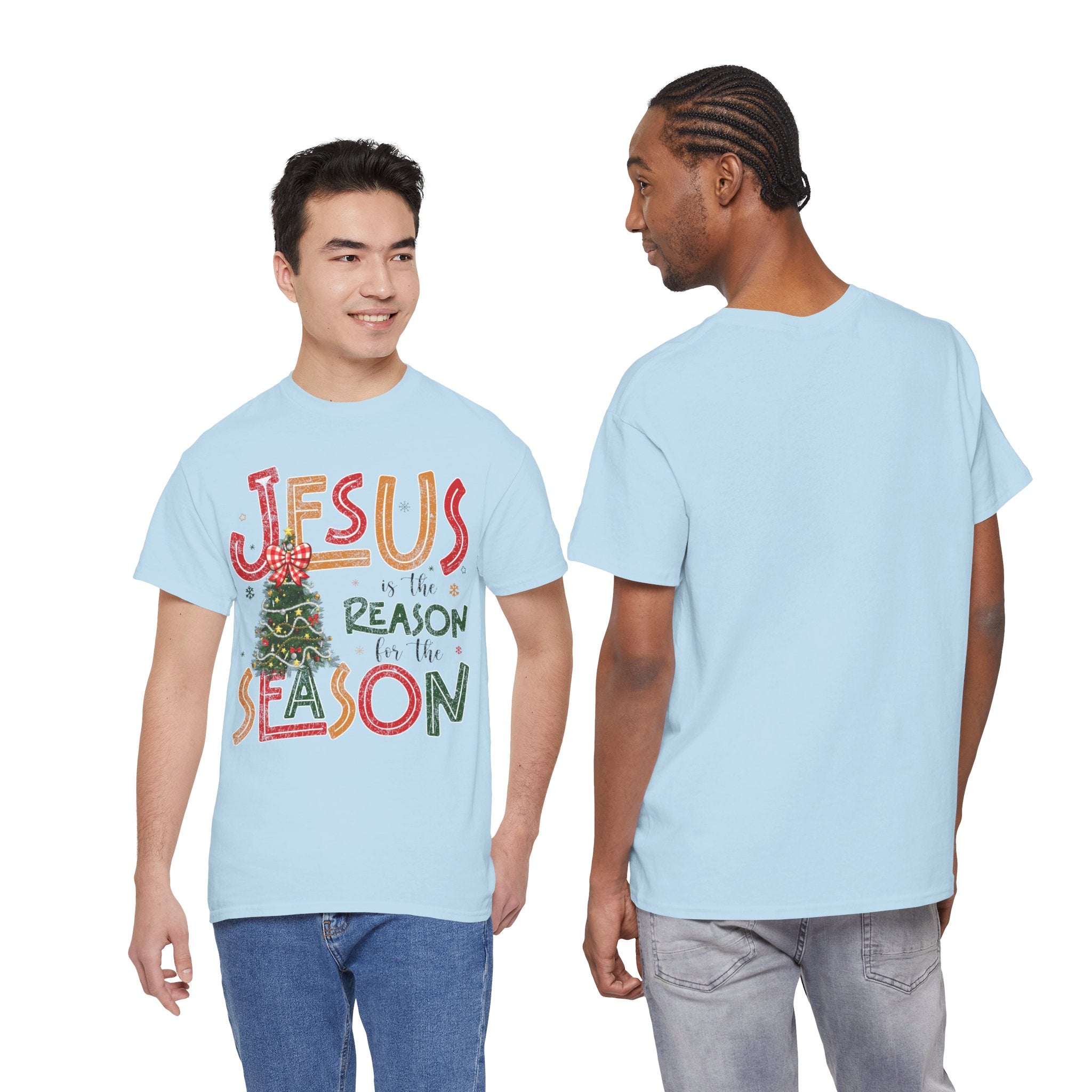 Jesus Is the Reason for the Season Christmas T-Shirt — Plaid Bow Tree..Unisex Cotton Tee