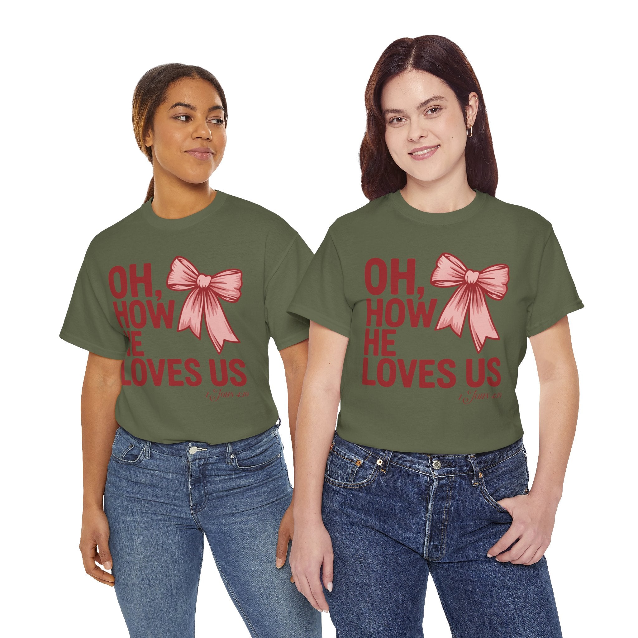 Oh, How He Loves Us Christian Valentine Tee — 1 John 4:10 Red & Pink Unisex Cotton Tee
