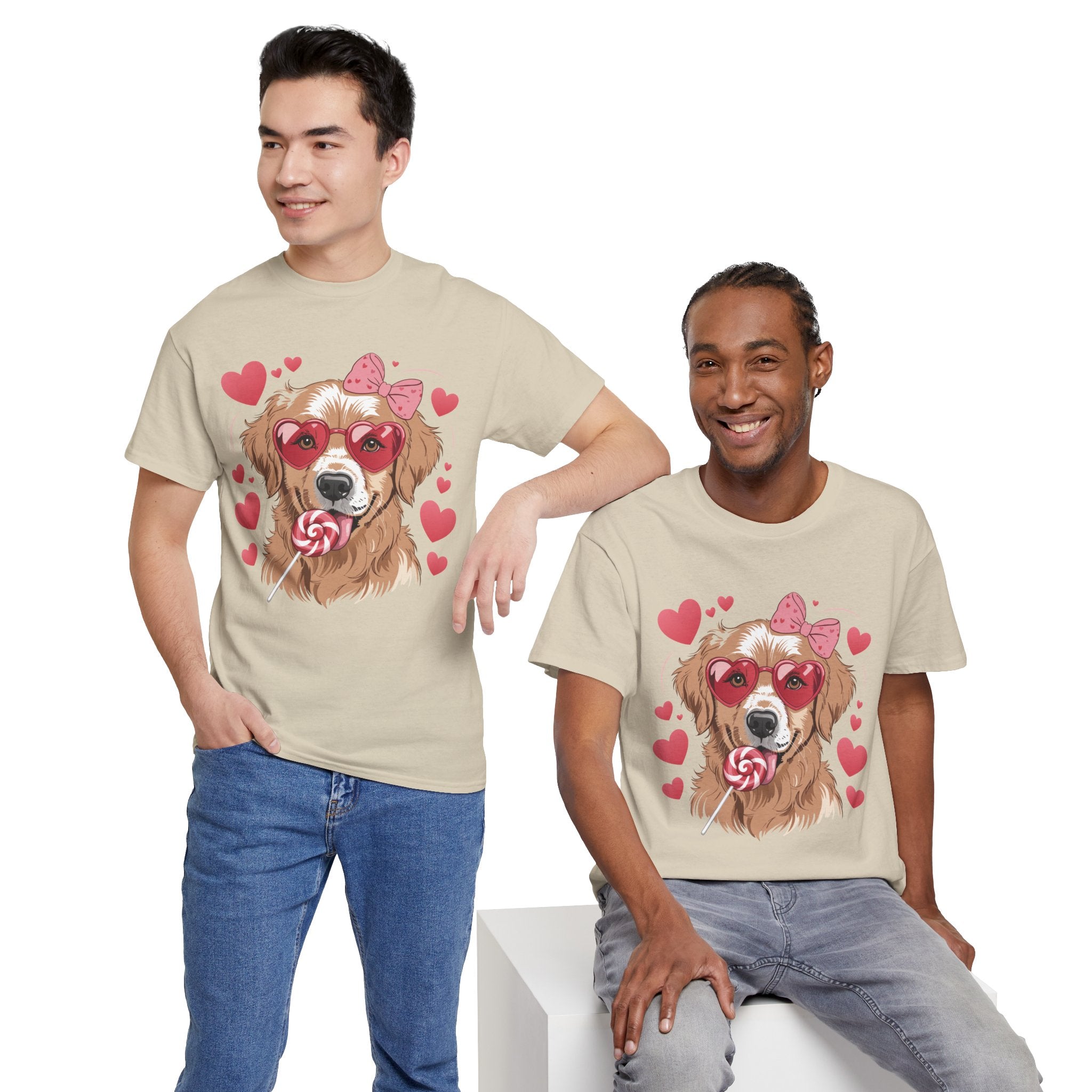 Valentine Dog T-Shirt — Cute Pup with Heart Glasses, Pink Bow & Lollipop..Unisex Cotton Tee