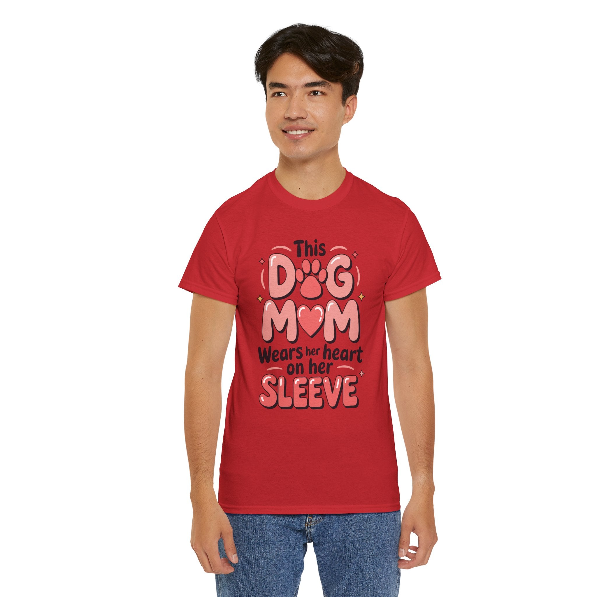 Dog Mom T-Shirt — "This Dog Mom Wears Her Heart on Her Sleeve" Paw & Heart Unisex Cotton Tee