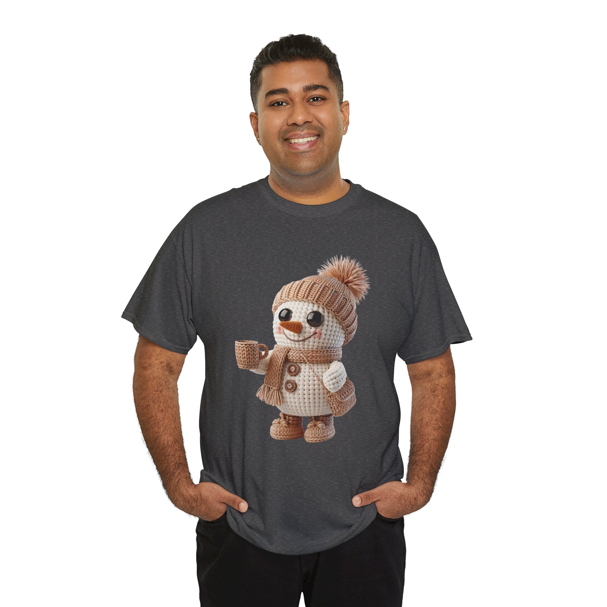 Cozy Snowman Tee — Smiling Snowman with Mug, Scarf & Beanie. Unisex Cotton Tee