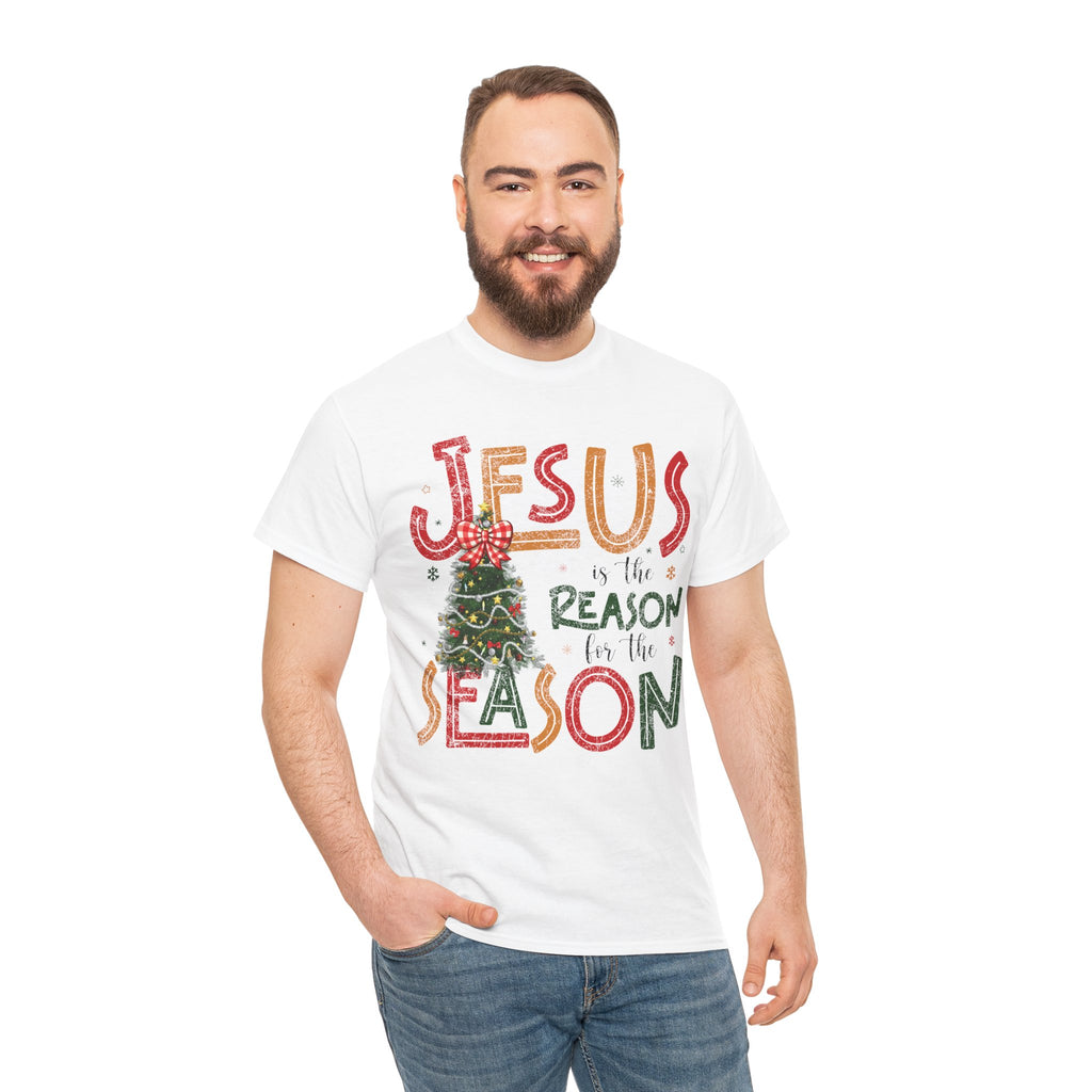 Jesus Is the Reason for the Season Christmas T-Shirt — Plaid Bow Tree..Unisex Cotton Tee