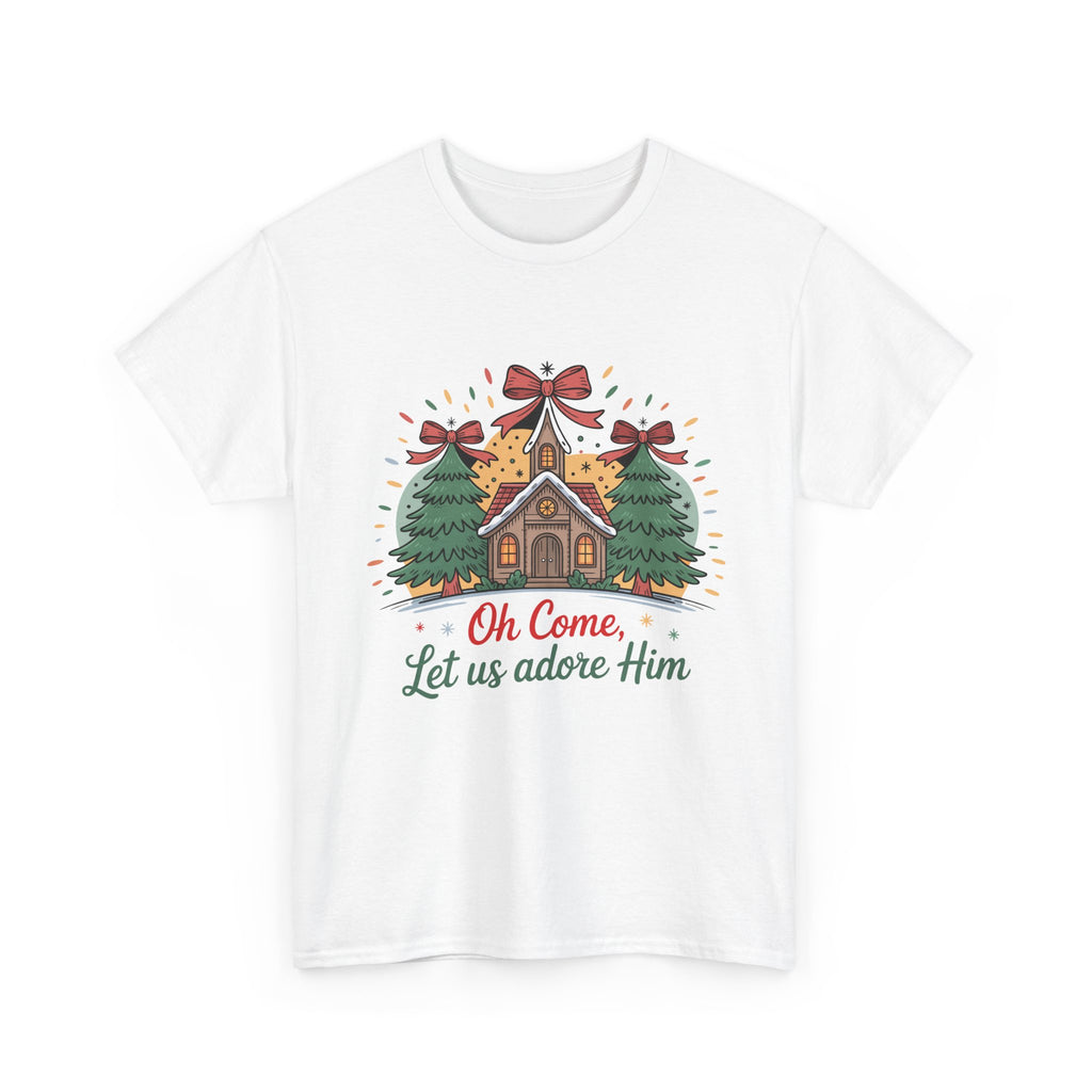 Oh Come Let Us Adore Him Christmas Tee — Church & Trees Holiday Unisex Cotton Tshirt