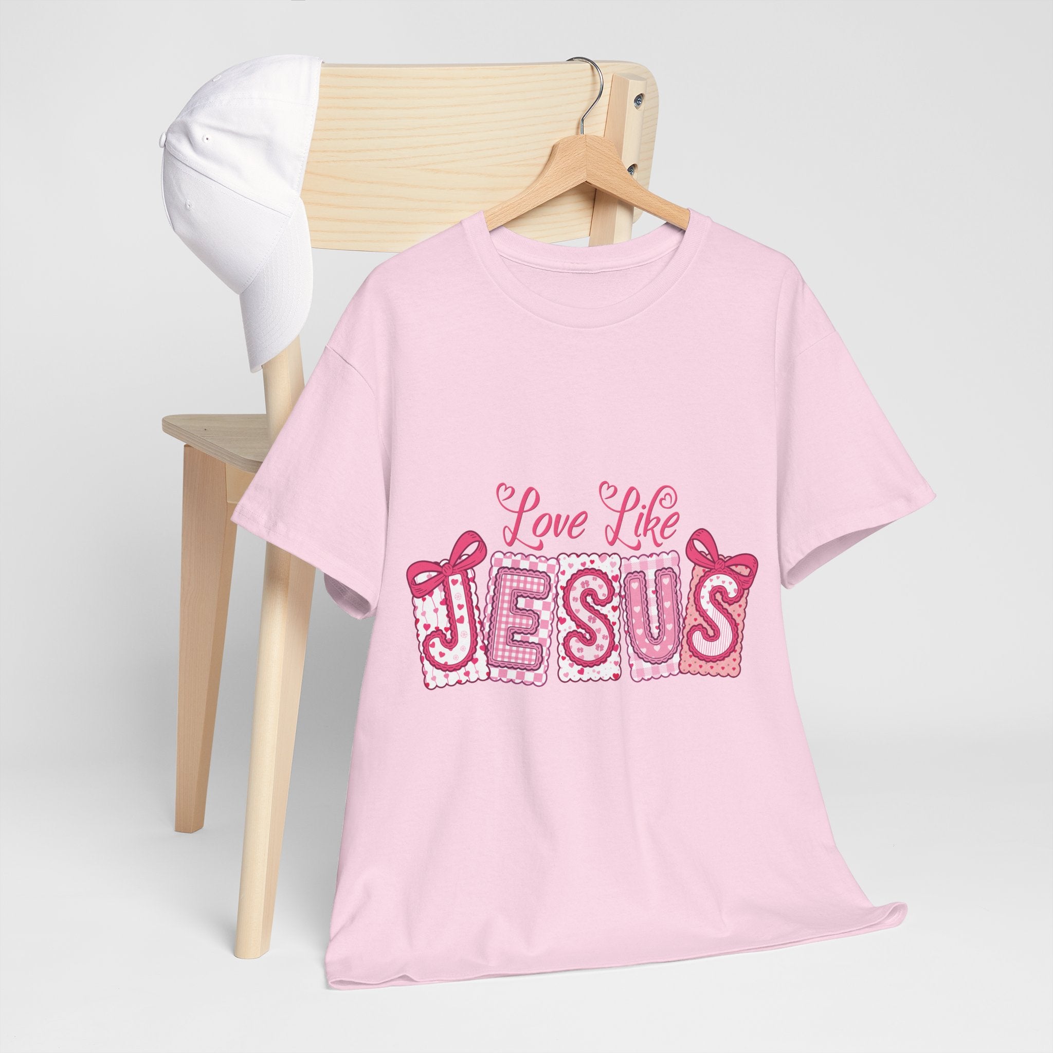 Love Like Jesus Patchwork Tee — Pink Stitched Heart Graphic.Unisex Cotton Tee