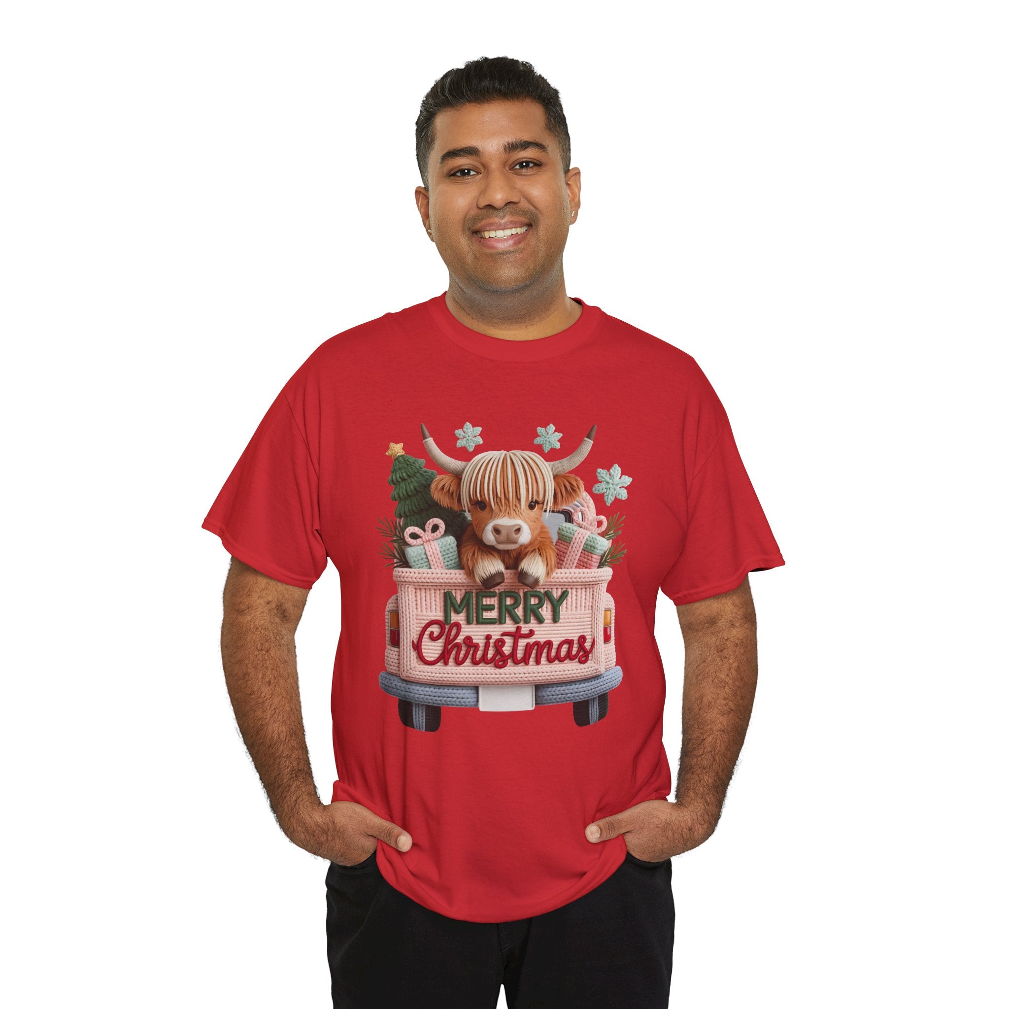 Merry Christmas Highland Cow Knit Truck Unisex Cotton T-Shirt
