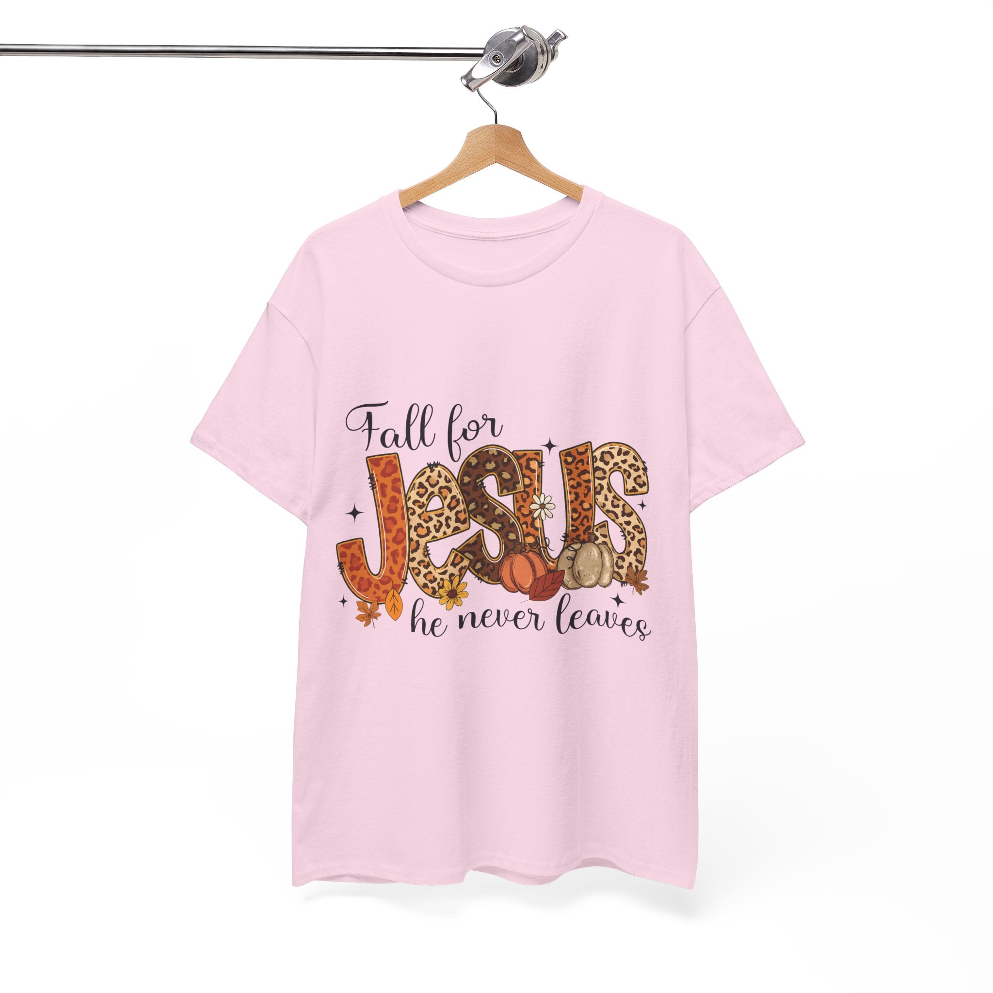 JESUS Leopard Print Fall T-Shirt — Pumpkins, Leaves & Floral Christian Unisex Cotton Tee