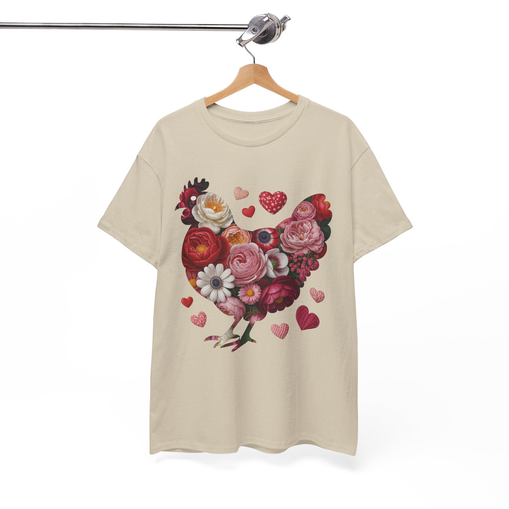 Floral Chicken Heart Tee — Red & Pink Flower Silhouette Unisex Cotton Tee