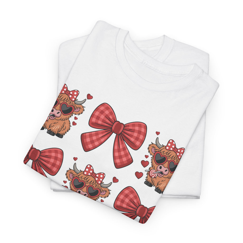 Valentine Cow Checkered Tee — Fluffy Cows with Heart Sunglasses & Red Bows..Unisex Cotton Tee