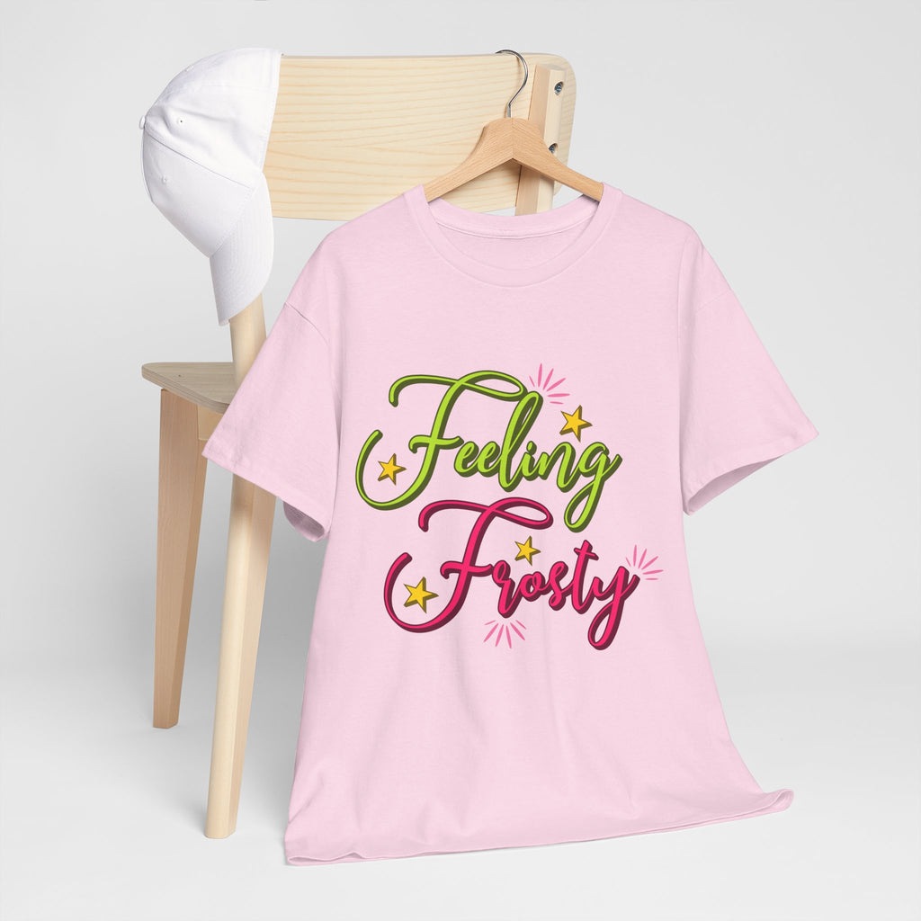 Feeling Frosty Holiday T-Shirt — Green & Pink Script Stars.Unisex Cotton Tee