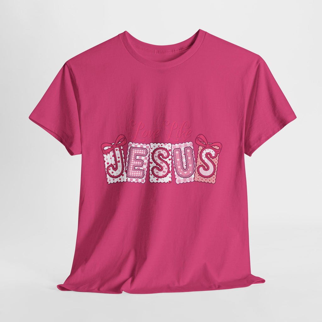 Love Like Jesus Patchwork Tee — Pink Stitched Heart Graphic.Unisex Cotton Tee