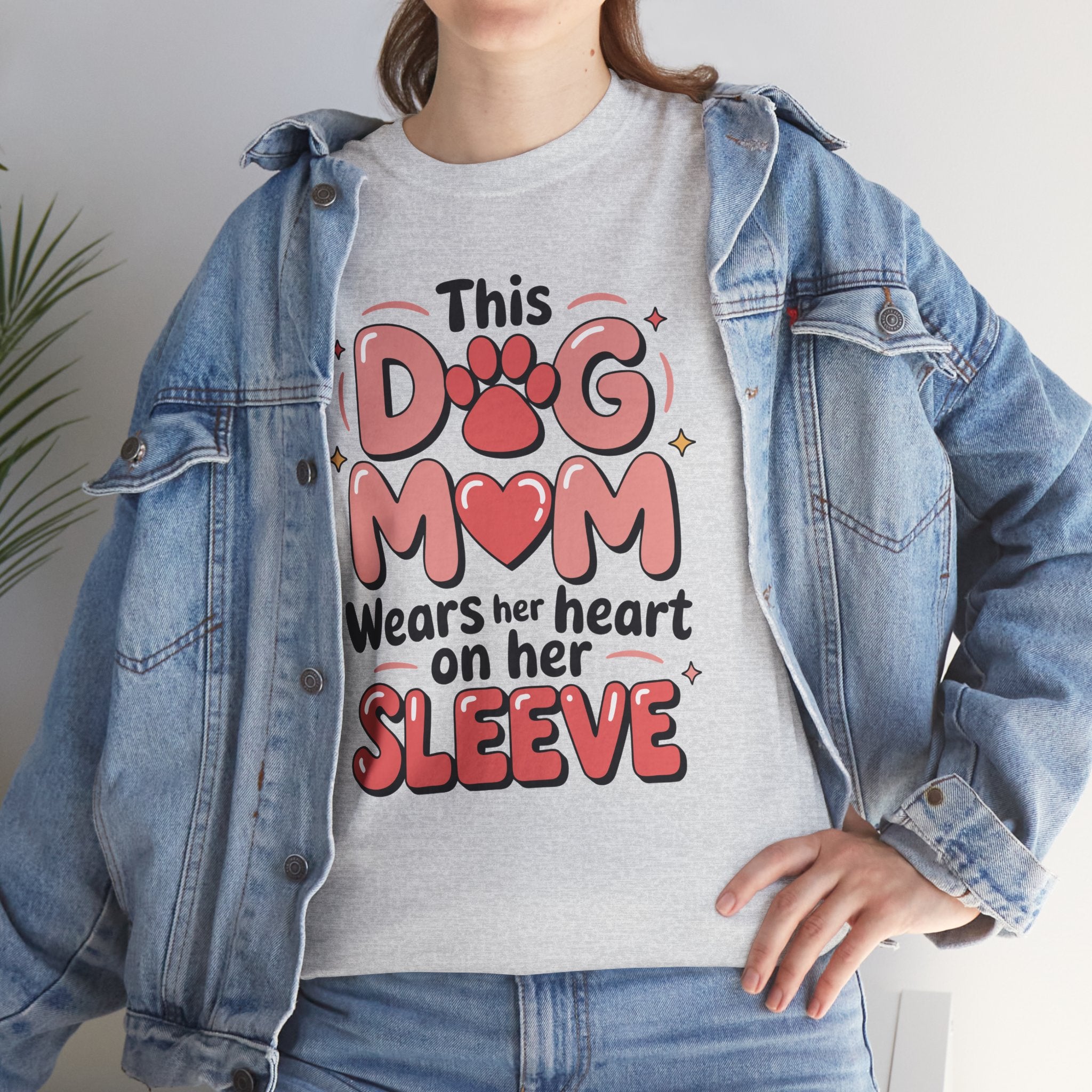 Dog Mom T-Shirt — "This Dog Mom Wears Her Heart on Her Sleeve" Paw & Heart Unisex Cotton Tee