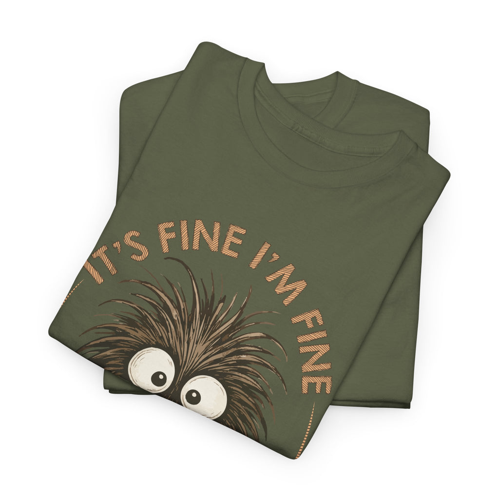Funny Coffee Tee — “It’s fine I’m fine everything is fine” Fuzzy Creature Mug Unisex Cotton Tee