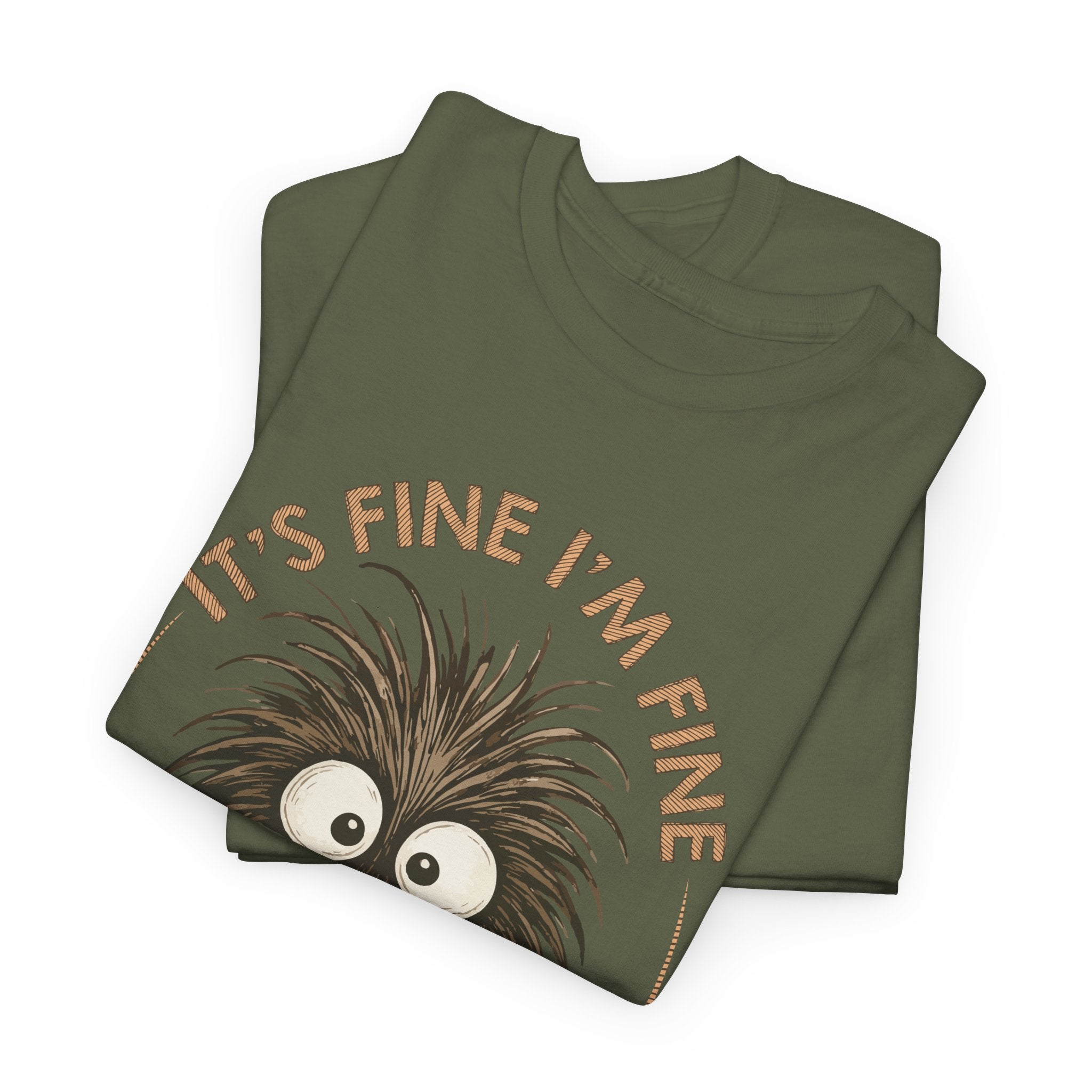 Funny Coffee Tee — “It’s fine I’m fine everything is fine” Fuzzy Creature Mug Unisex Cotton Tee