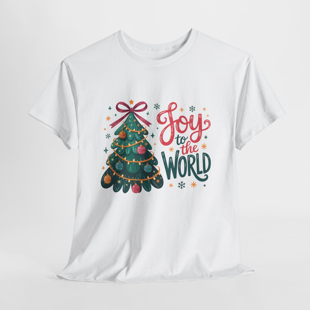 Joy to the World Christmas Tee — Festive Tree with Pink Bow..Unisex Cotton Tee