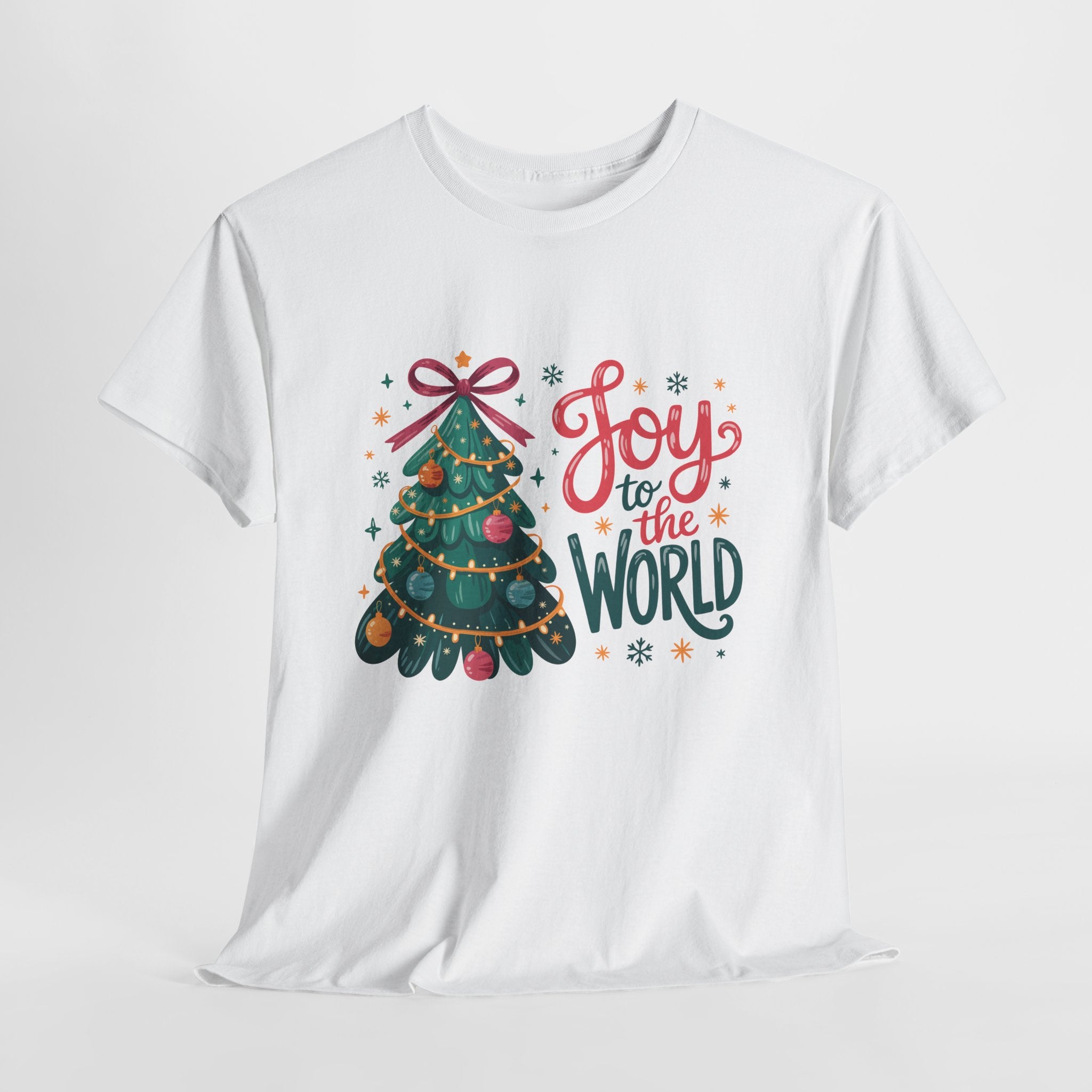 Joy to the World Christmas Tee — Festive Tree with Pink Bow..Unisex Cotton Tee