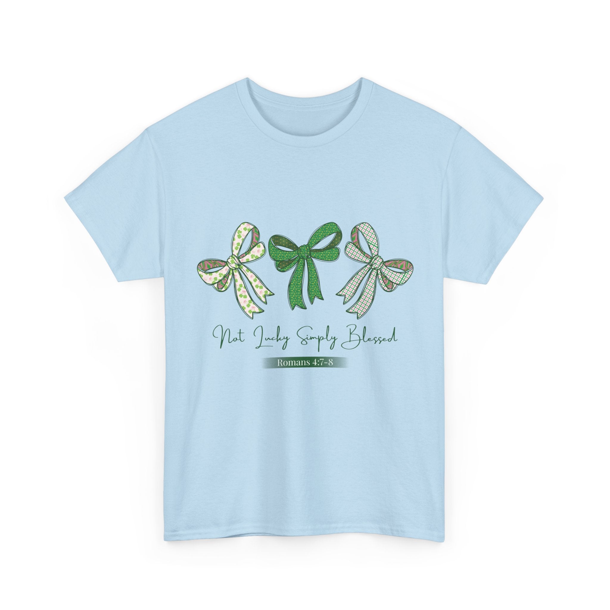 Not Lucky Simply Blessed Tee — Romans 4:7-8 Green Bow Christian Unisex Cotton T-Shirt