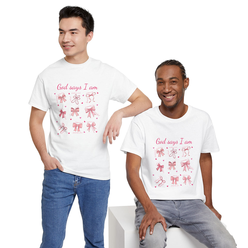 God Says I Am Pink Bow Tee — Faith-Based 'Loved, Brave, Strong' Unisex Cotton Shirt
