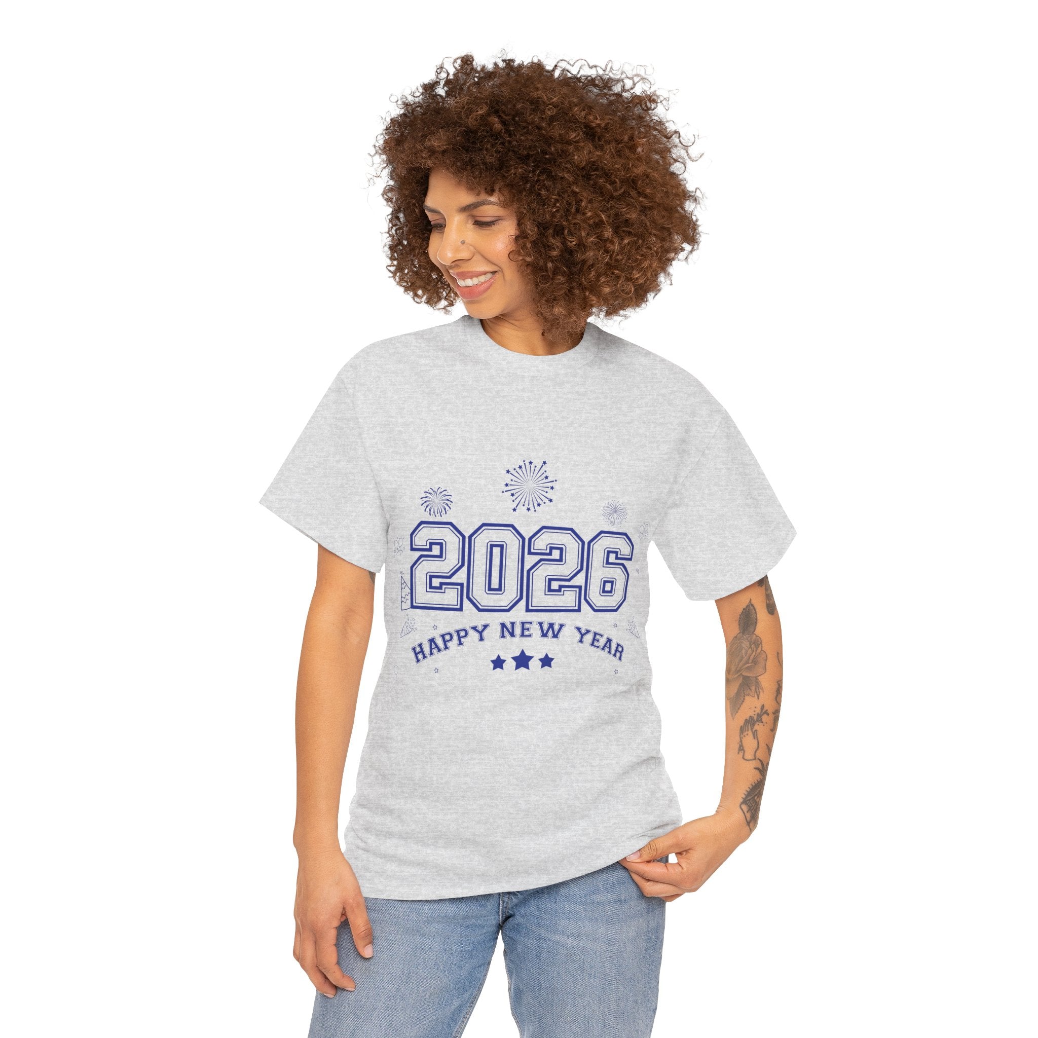 Happy New Year 2026 Varsity Tee — Fireworks & Confetti Celebration Unisex Cotton Tee