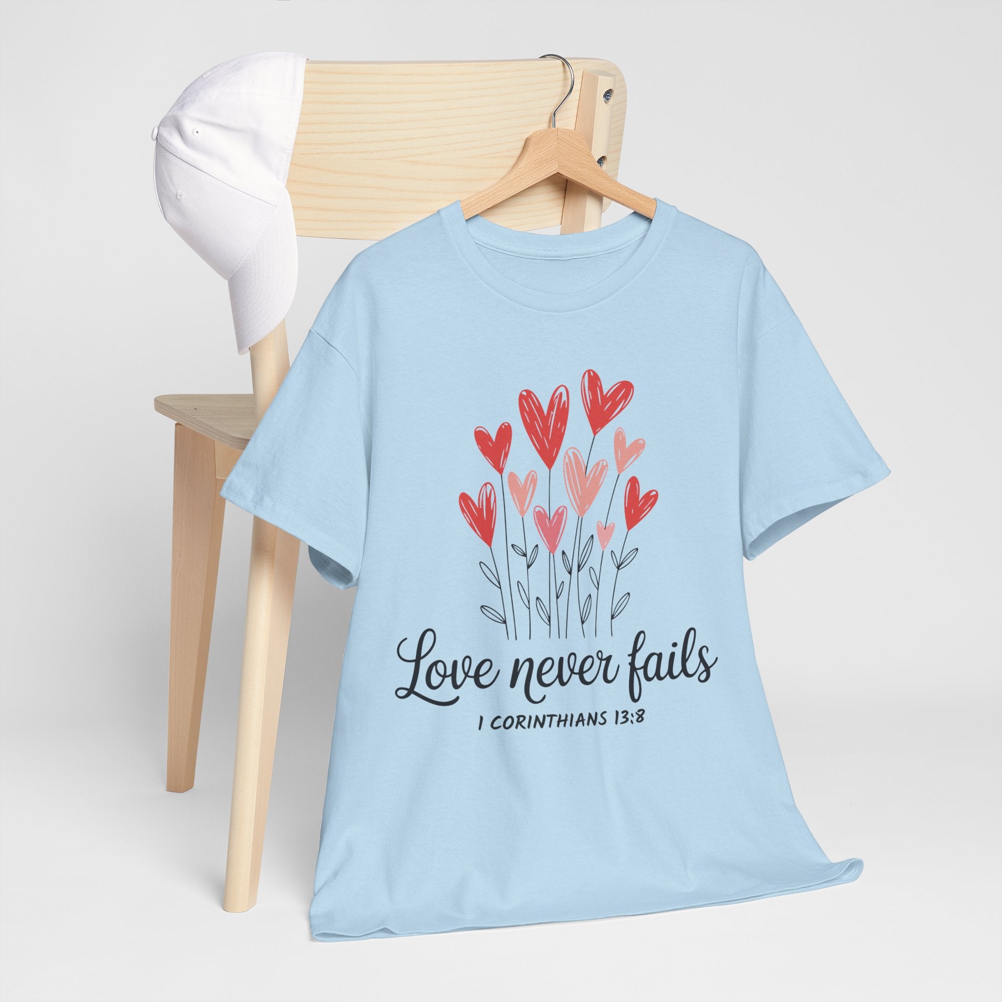 Christian Valentine T-Shirt — "Love Never Fails" (1 Corinthians 13:8) Unisex Cotton Tee