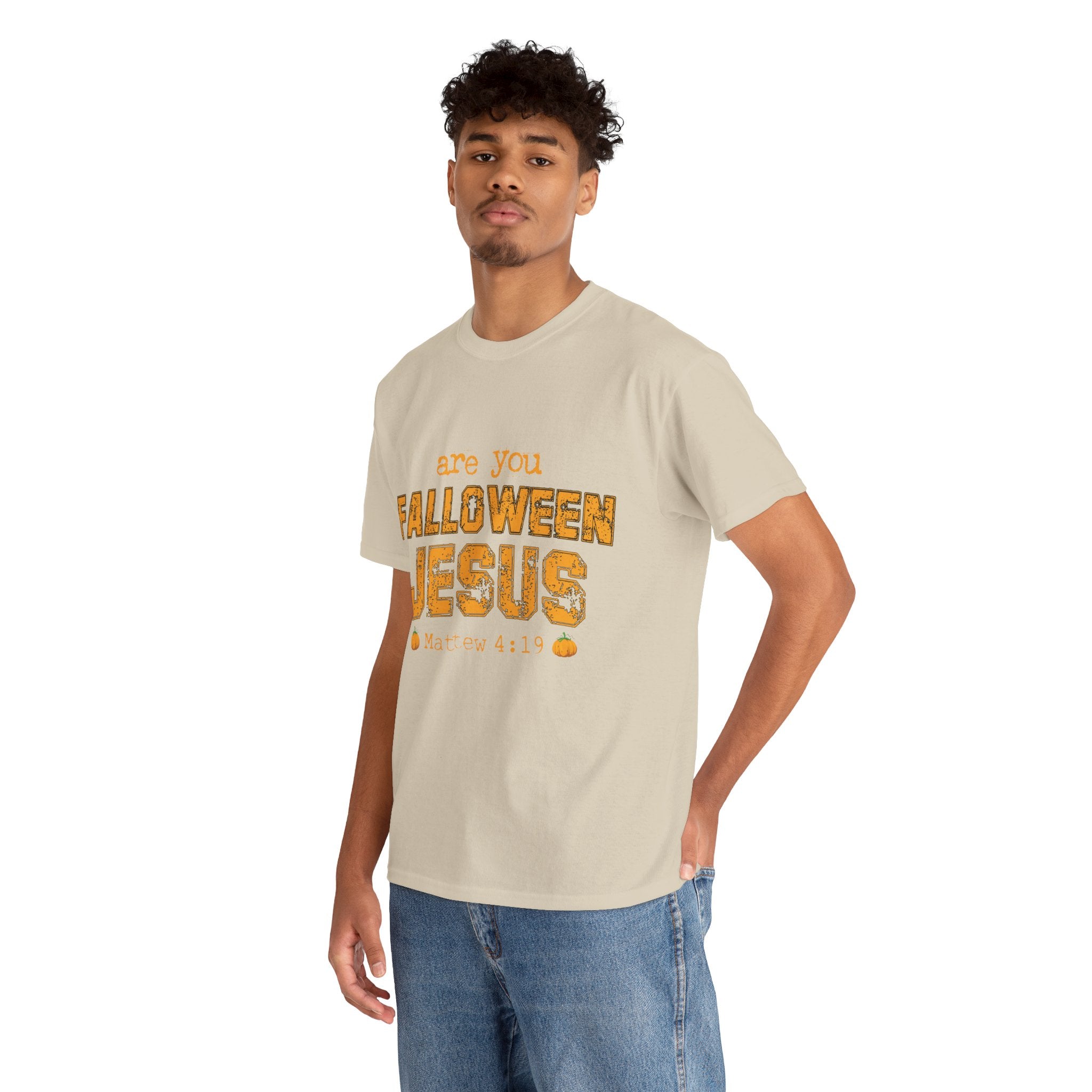 Christian Halloween T-Shirt — “Are You Falloween Jesus? Matthew 4:19” Distressed Pumpkin Design. Unisex Cotton Tee
