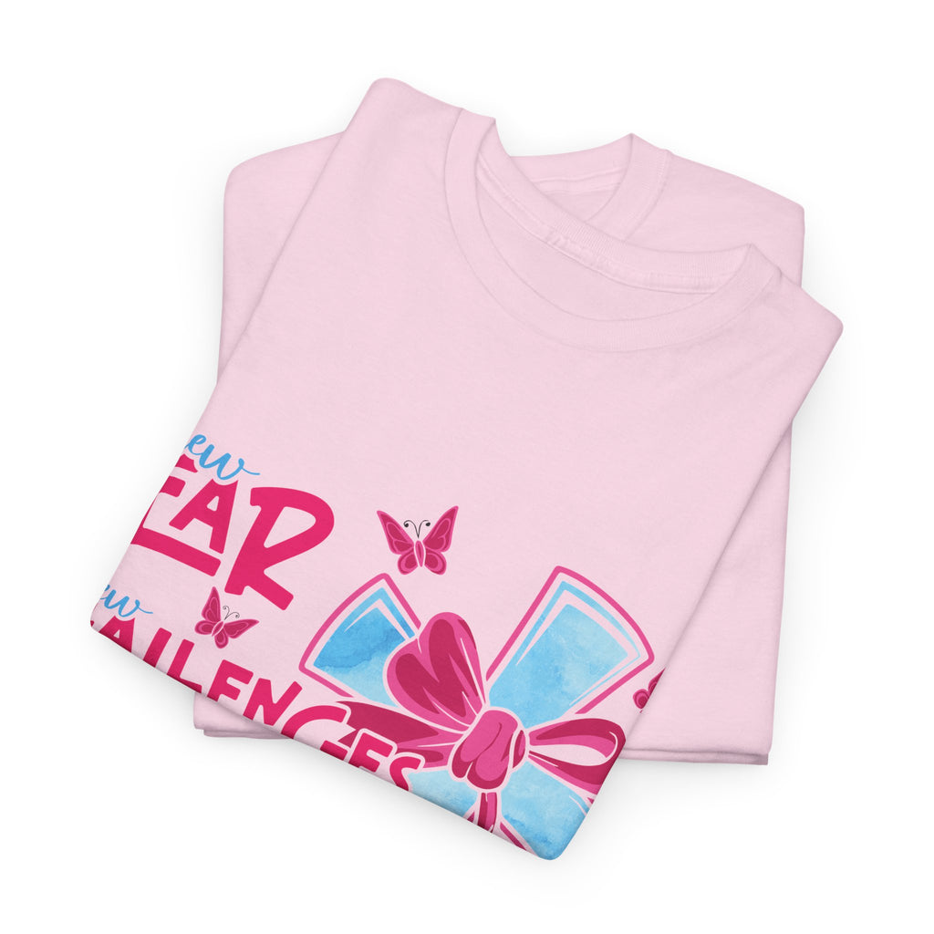 Christian T-Shirt — “New Year, New Challenges, Same Great God” with Pink Bow Cross & Butterflies. Unisex Cotton Tee