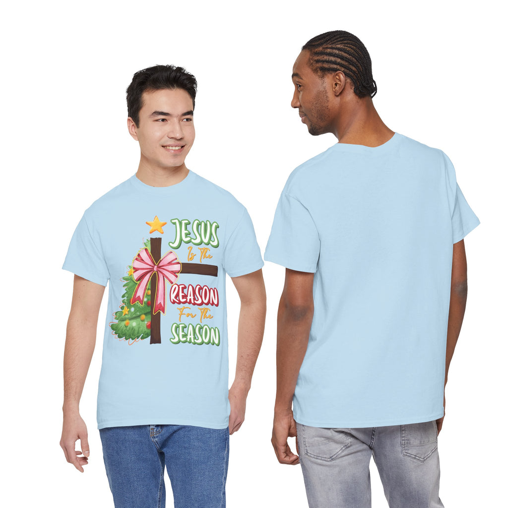 Jesus Is the Reason for the Season Christmas Tee — Cross with Pink Bow & Tree. Unisex Cotton Tee